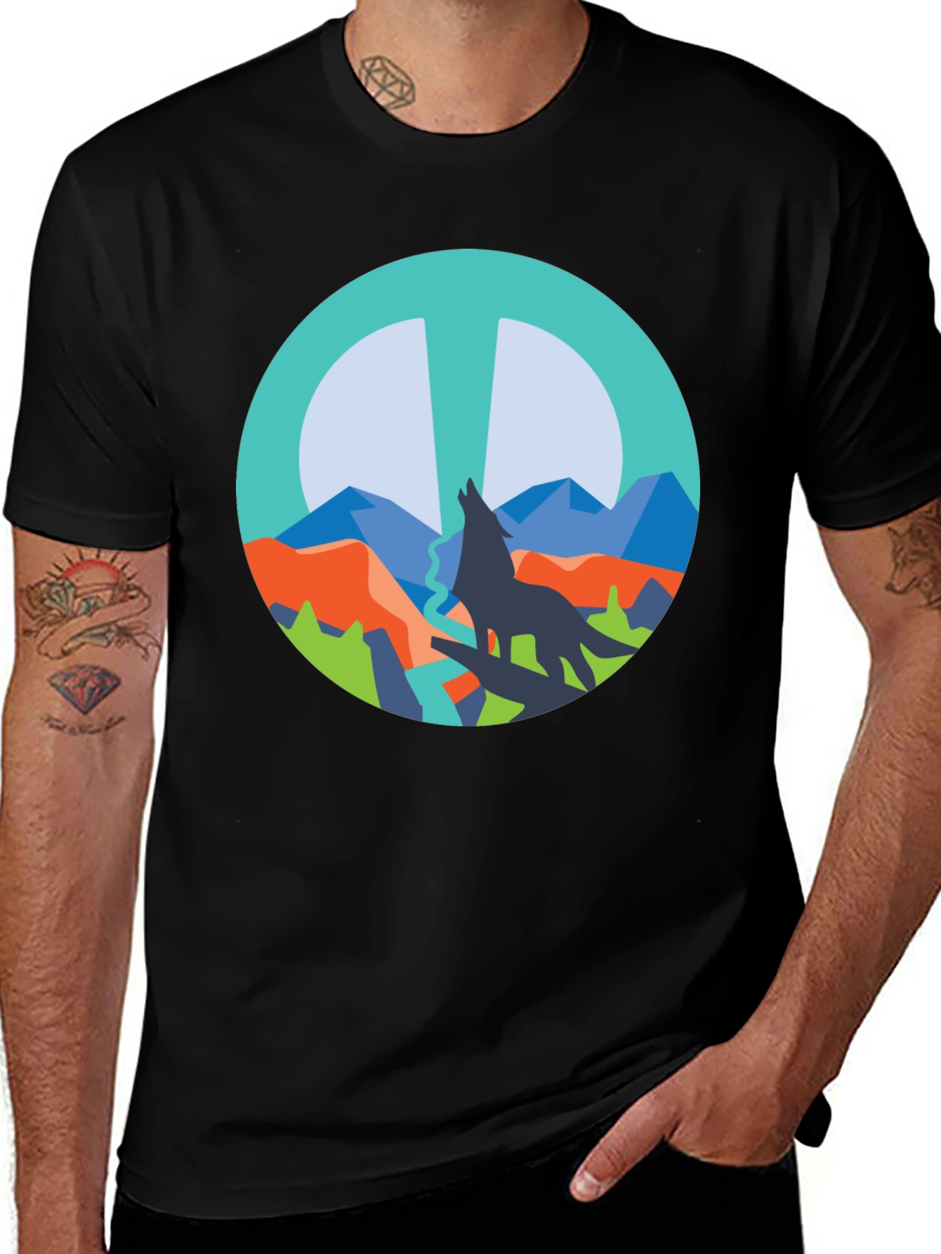 Variant 25 of Wolf Peace Sign Graphic Tee - Unisex Black T-Shirt