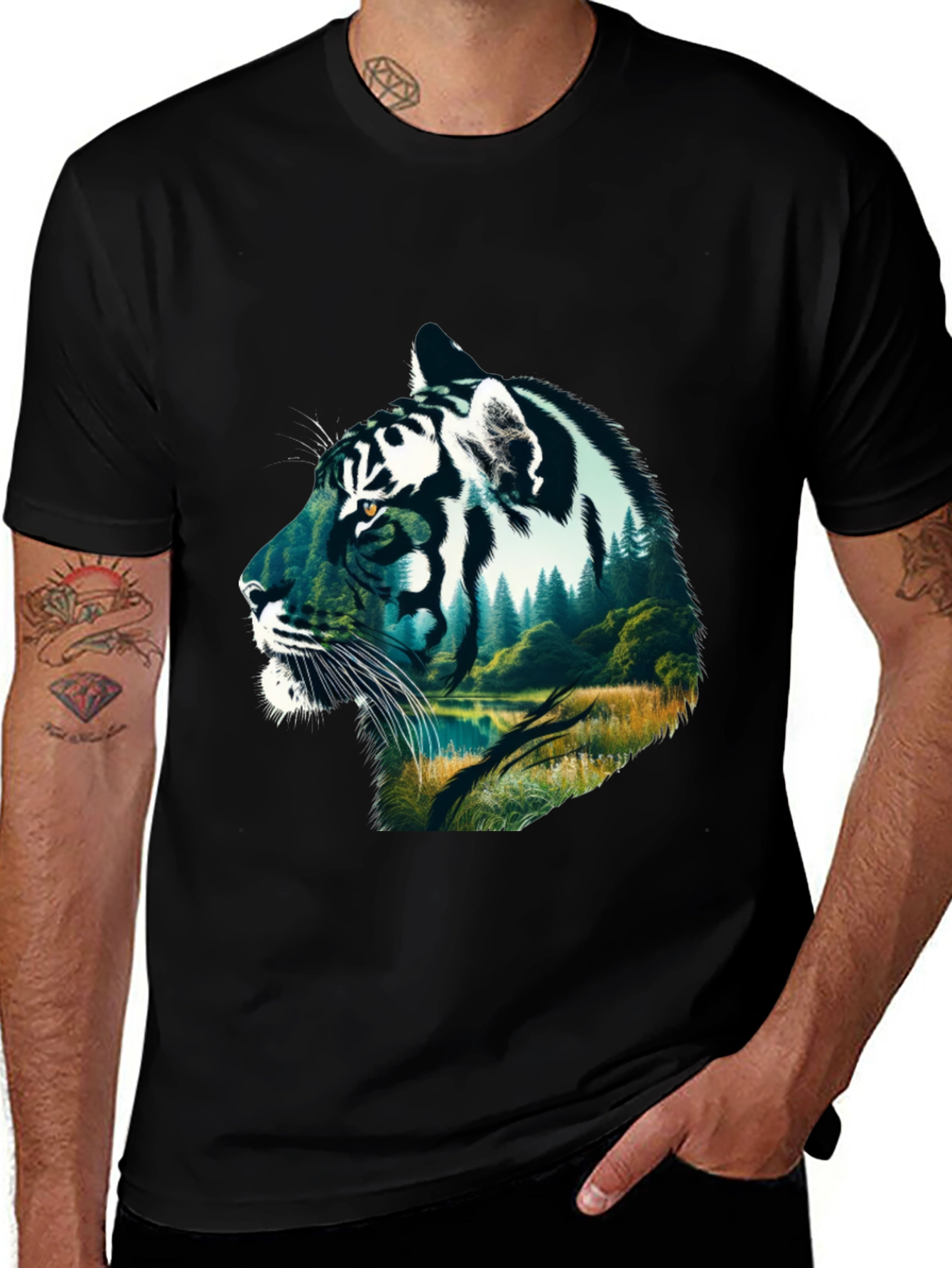 Variant 12 of Tiger & Forest Graphic Tee - Men's Black T-Shirt