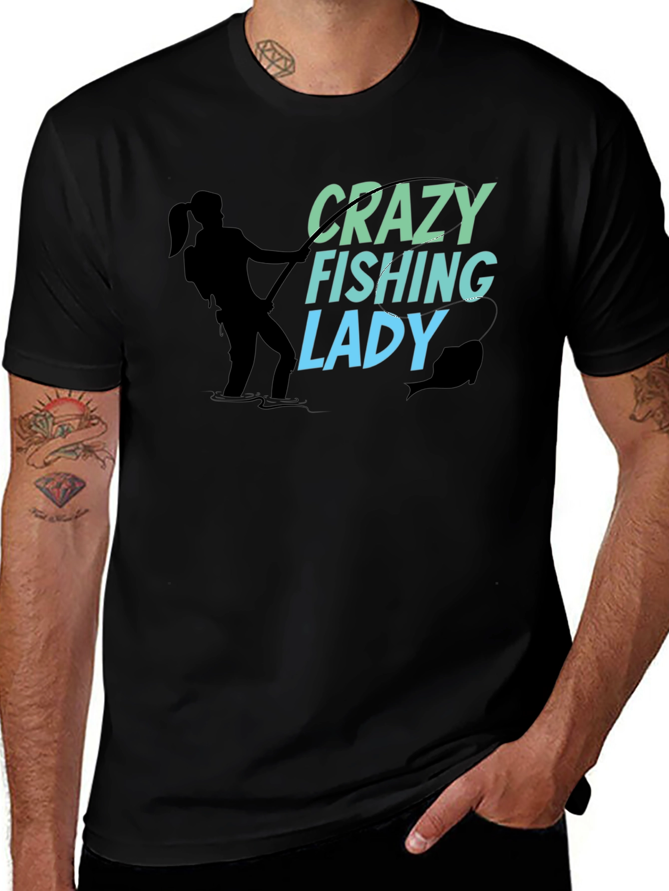 Variant 17 of Crazy Fishing Lady Black T-Shirt