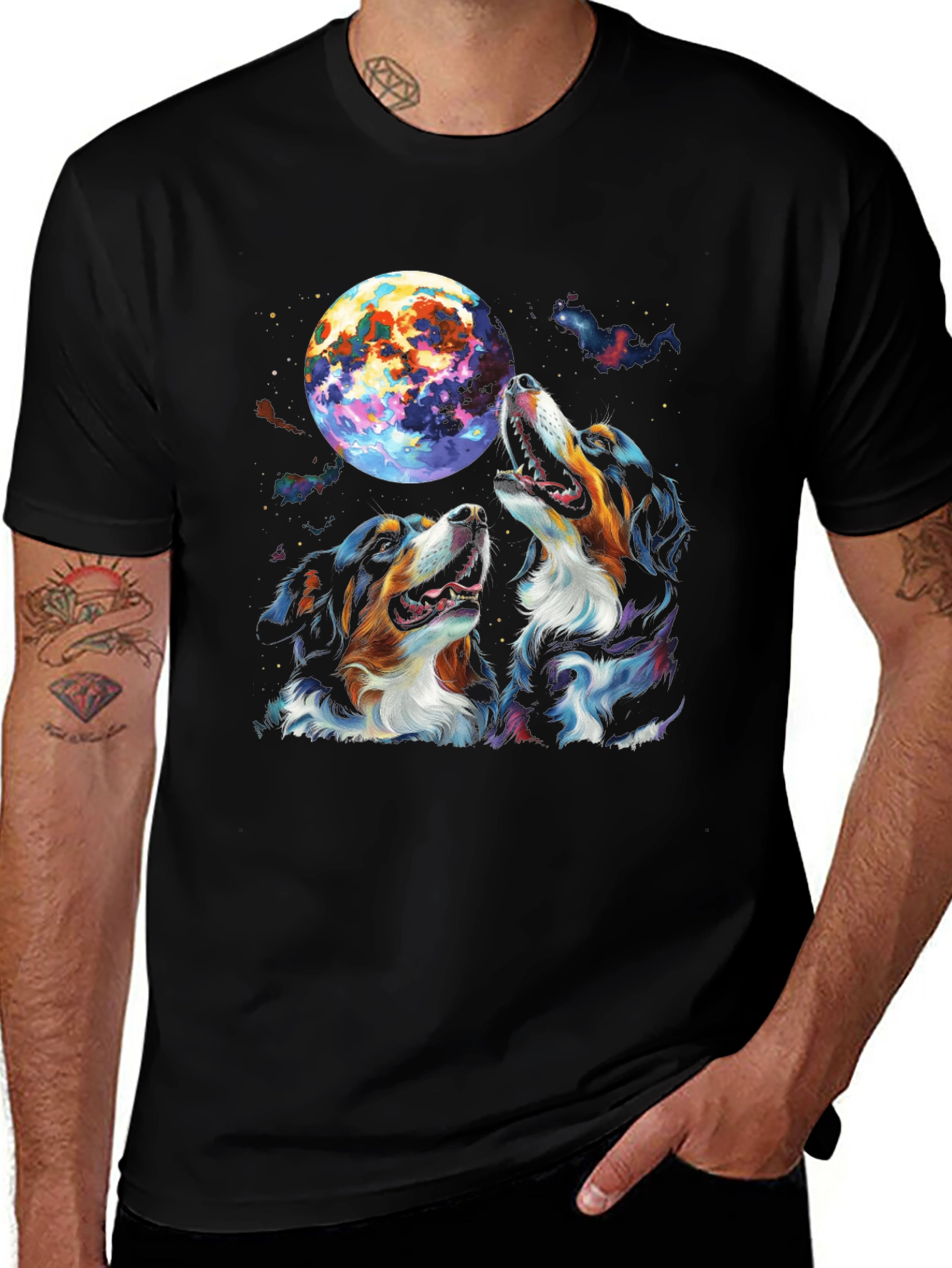 Variant 28 of Dogs Howling at Colorful Moon Graphic T-Shirt