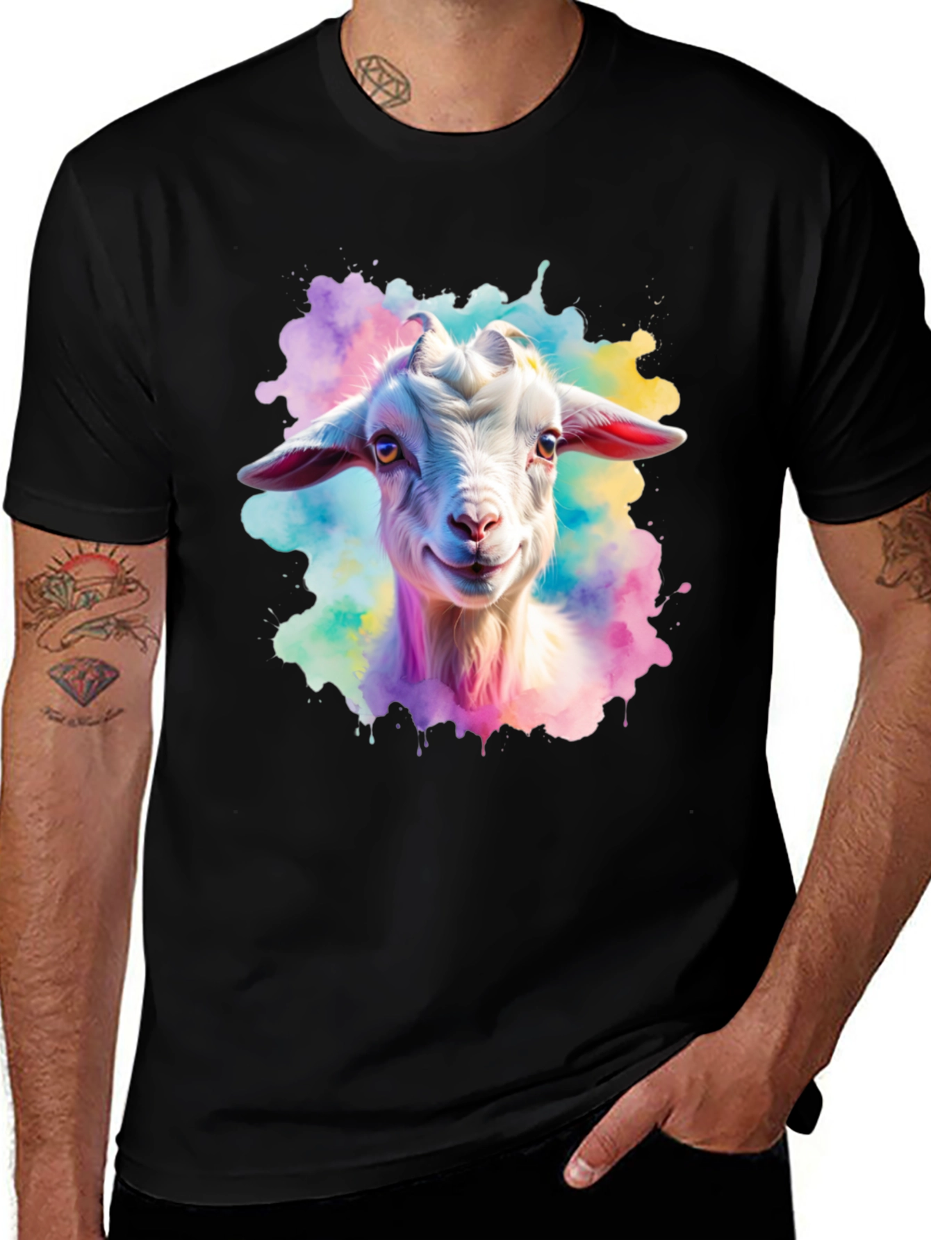 Variant 8 of Goat Watercolor Graphic Print Black T-Shirt