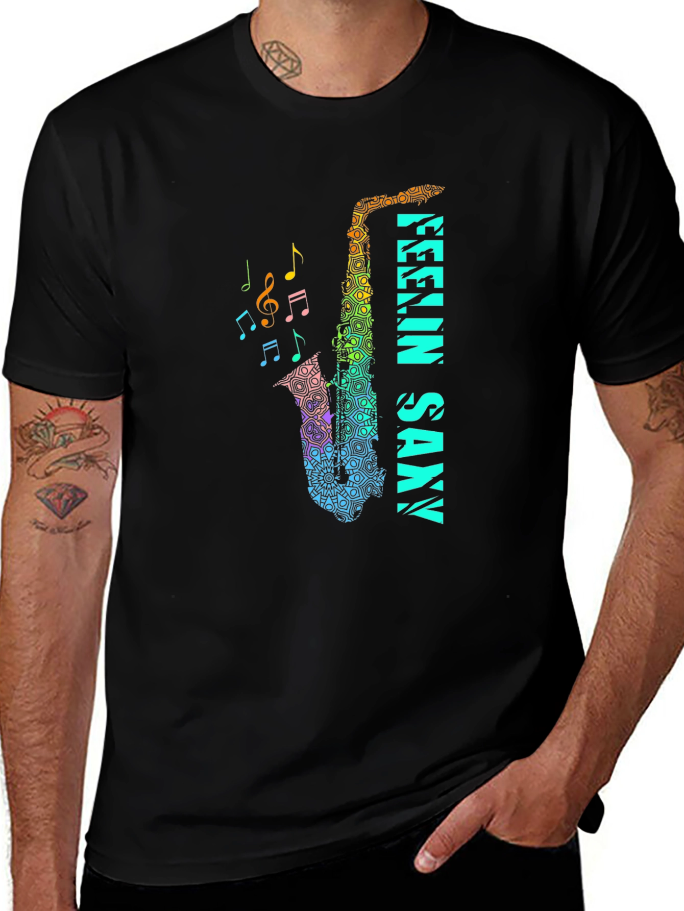 Variant 17 of Feelin' Saxxy Black T-Shirt - Musical Instrument Graphic Tee
