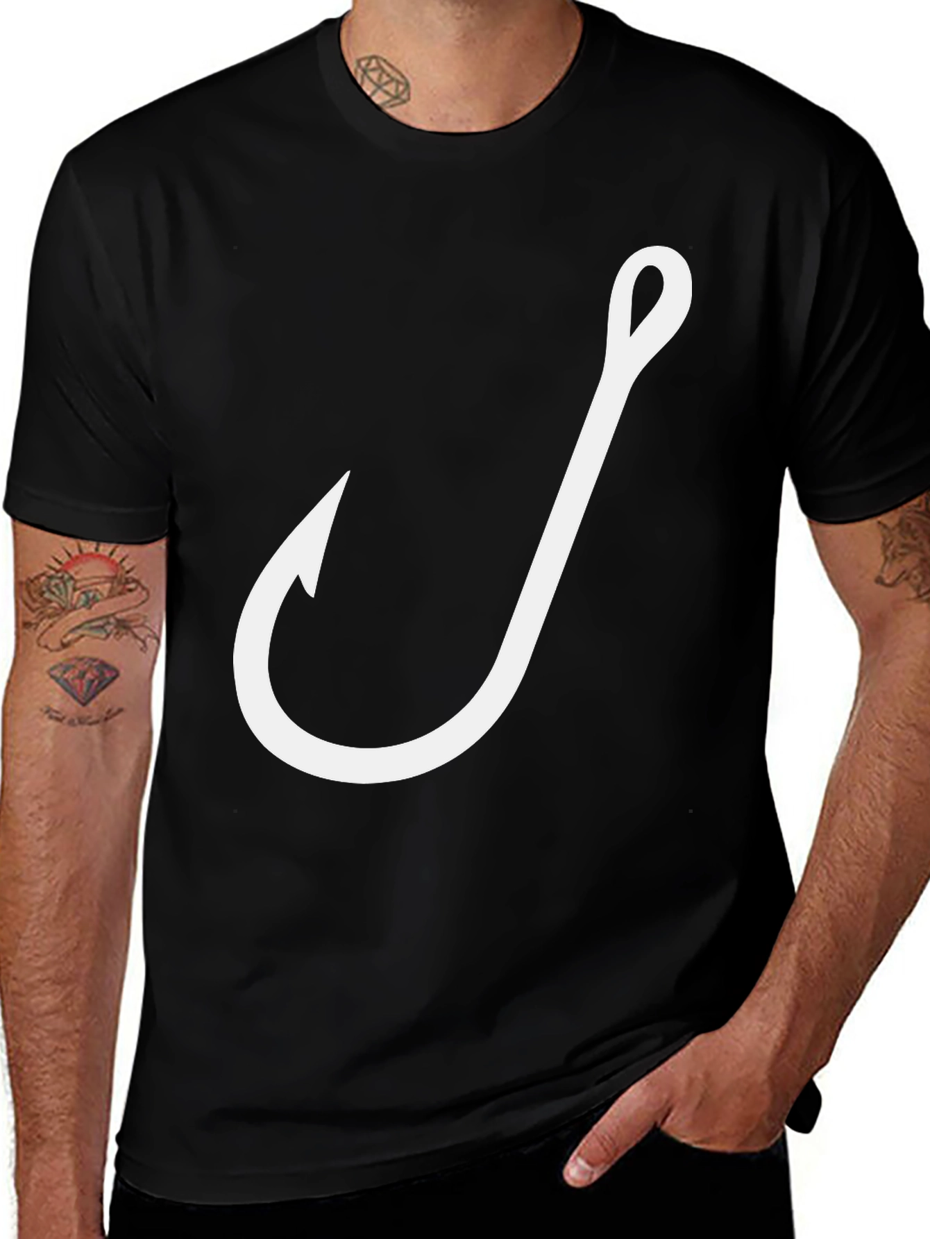 Variant 26 of Fishing Hook Graphic T-Shirt - Black Crew Neck Tee