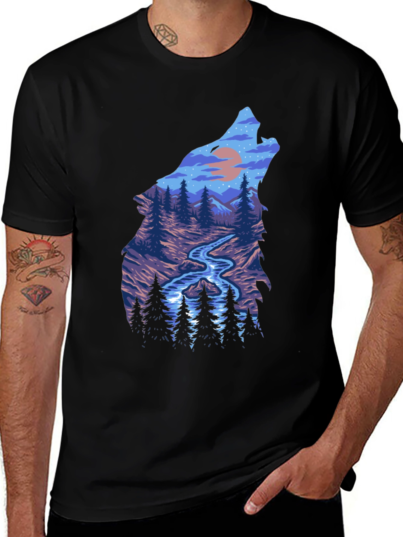 Variant 25 of Wolf Silhouette Nature Scene Graphic Tee - Black