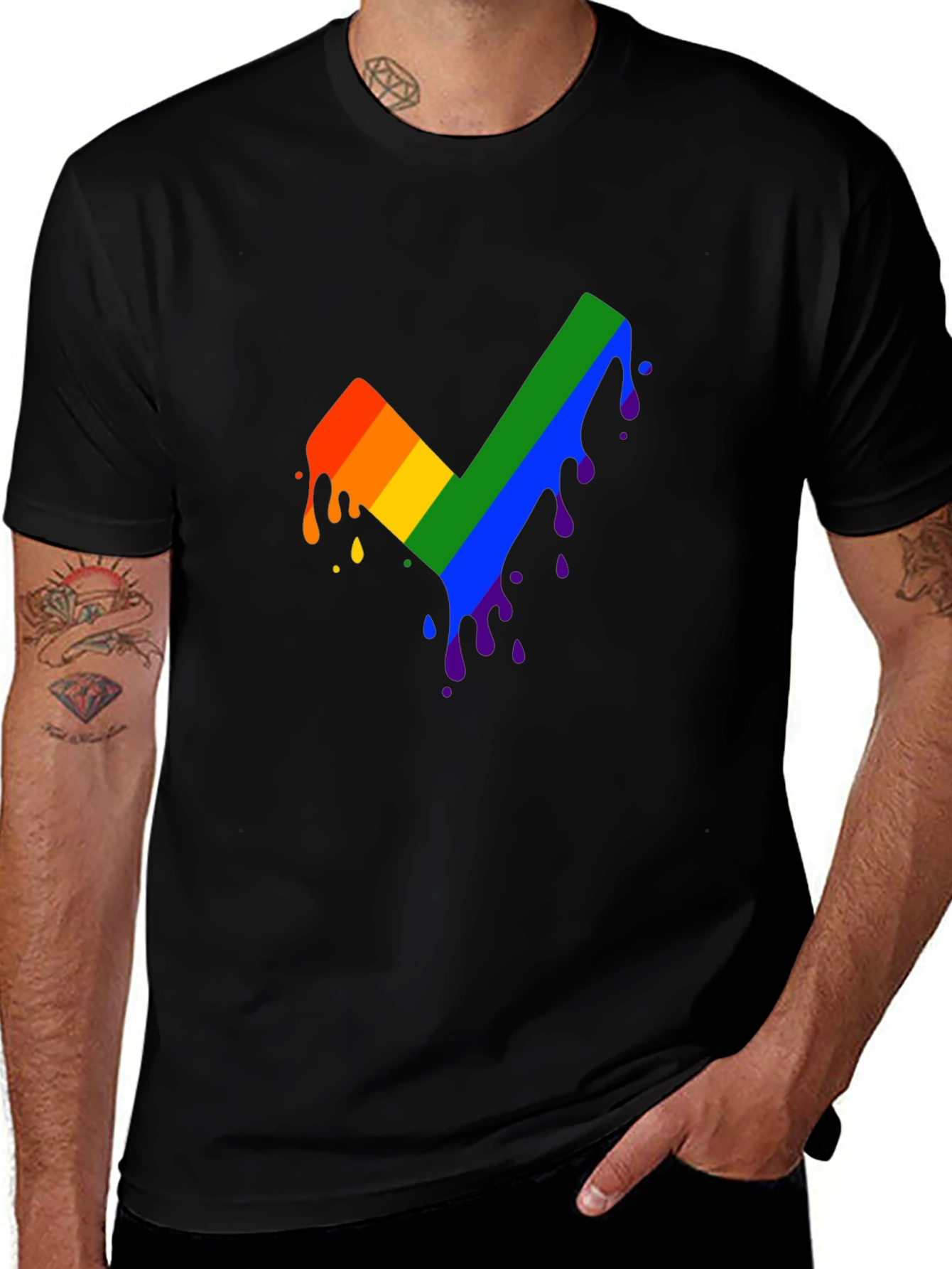 Rainbow Dripping Checkmark Black T-Shirt