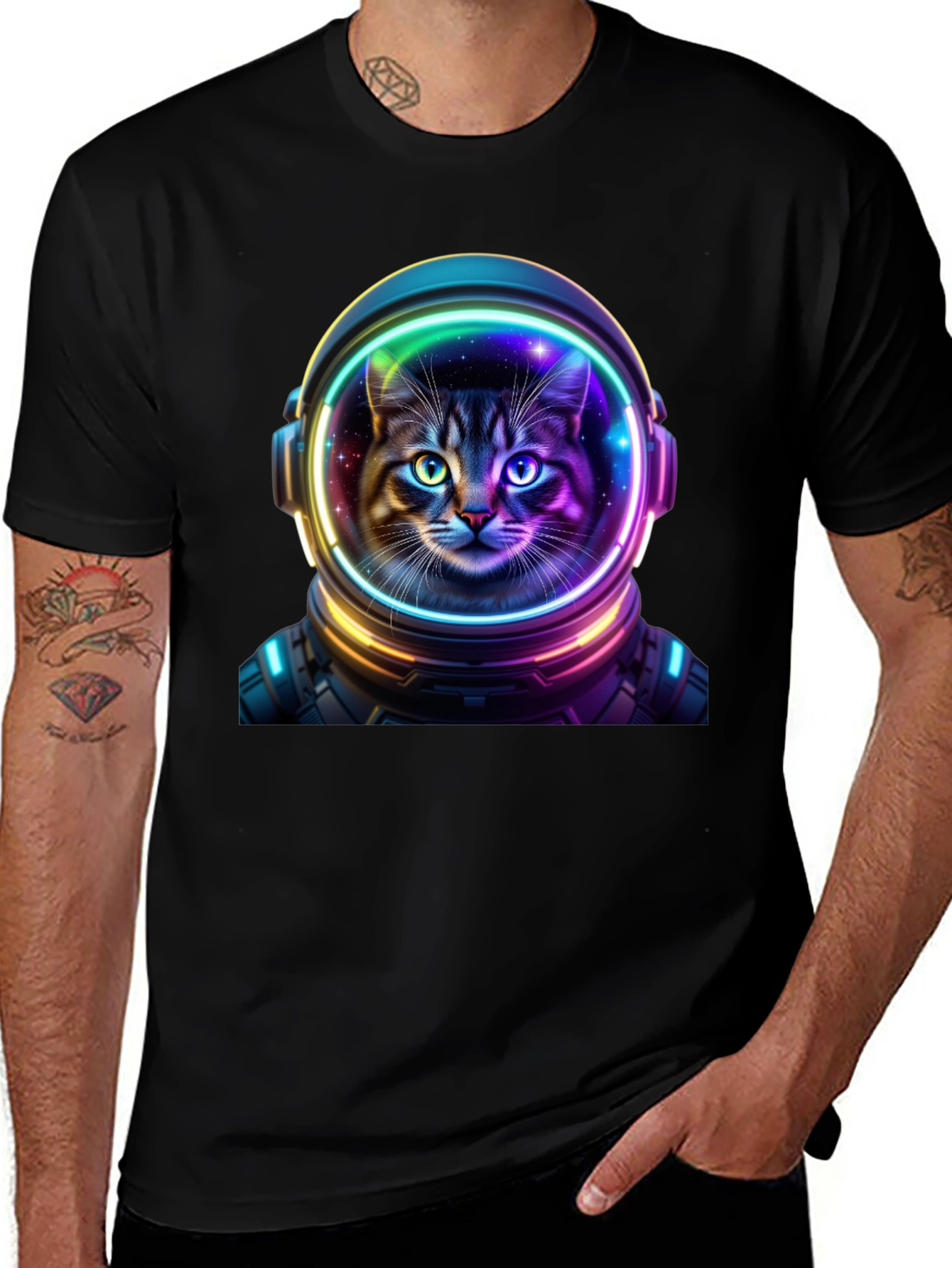 Variant 11 of Cosmic Cat Astronaut Graphic Tee - Men's Black T-Shirt