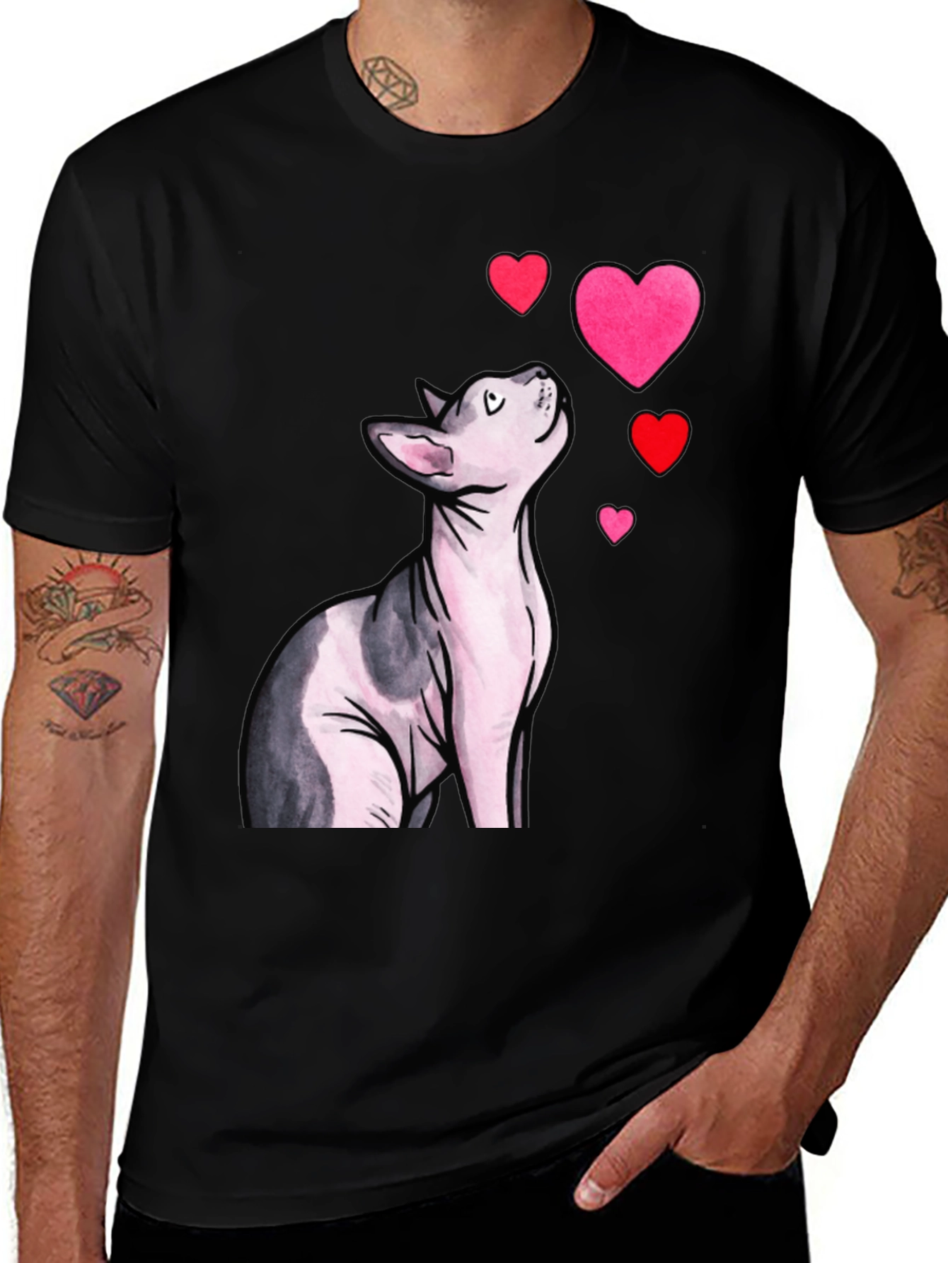 Variant 30 of Sphynx Cat & Hearts Graphic T-Shirt - Black