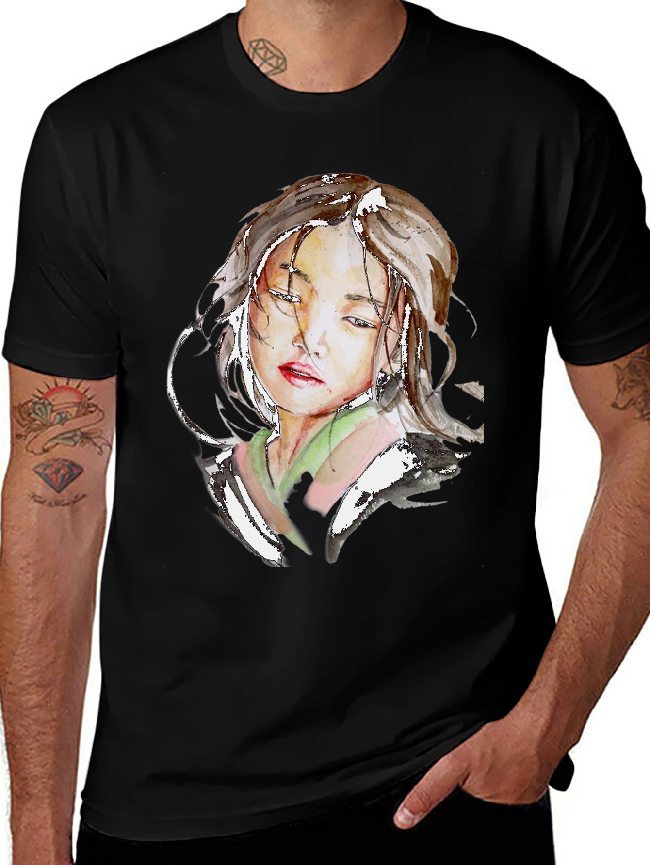 Variant 7 of Watercolor Portrait Graphic Black T-Shirt