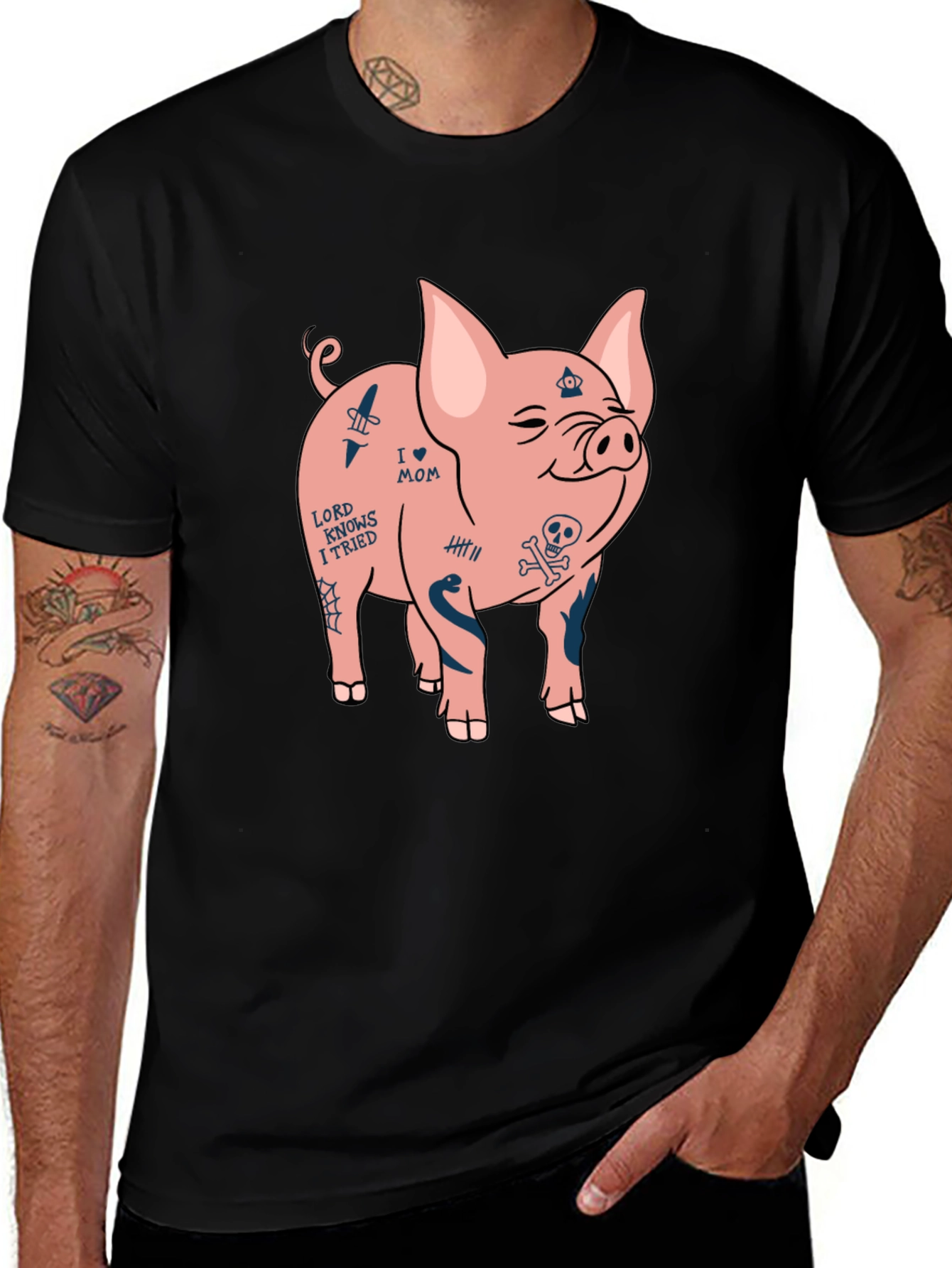 Variant 17 of Tattooed Pig Graphic Tee - Men's Black T-Shirt