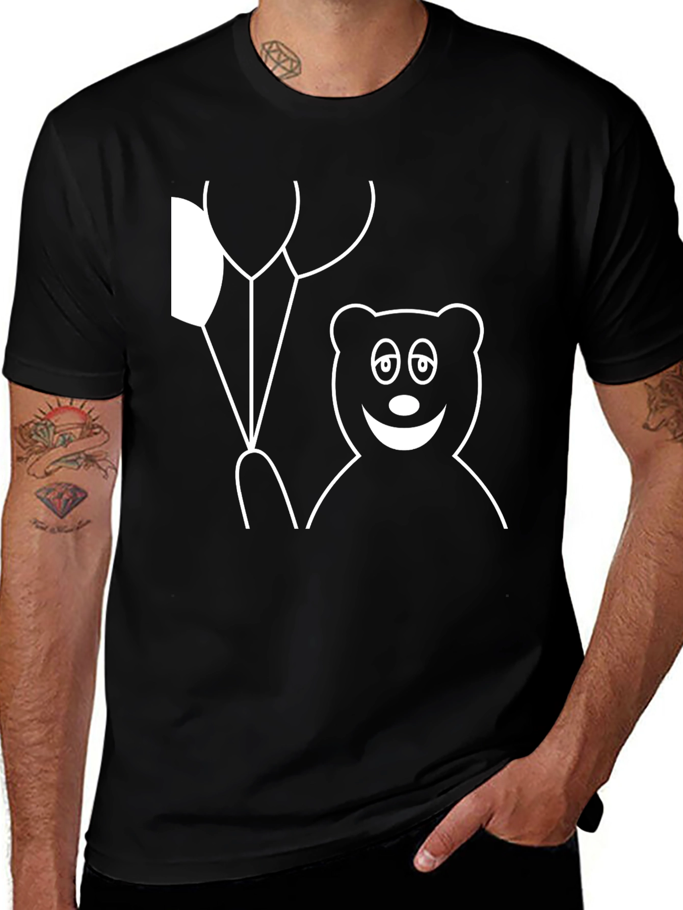 Bear & Balloons Graphic Tee - Casual Black T-Shirt