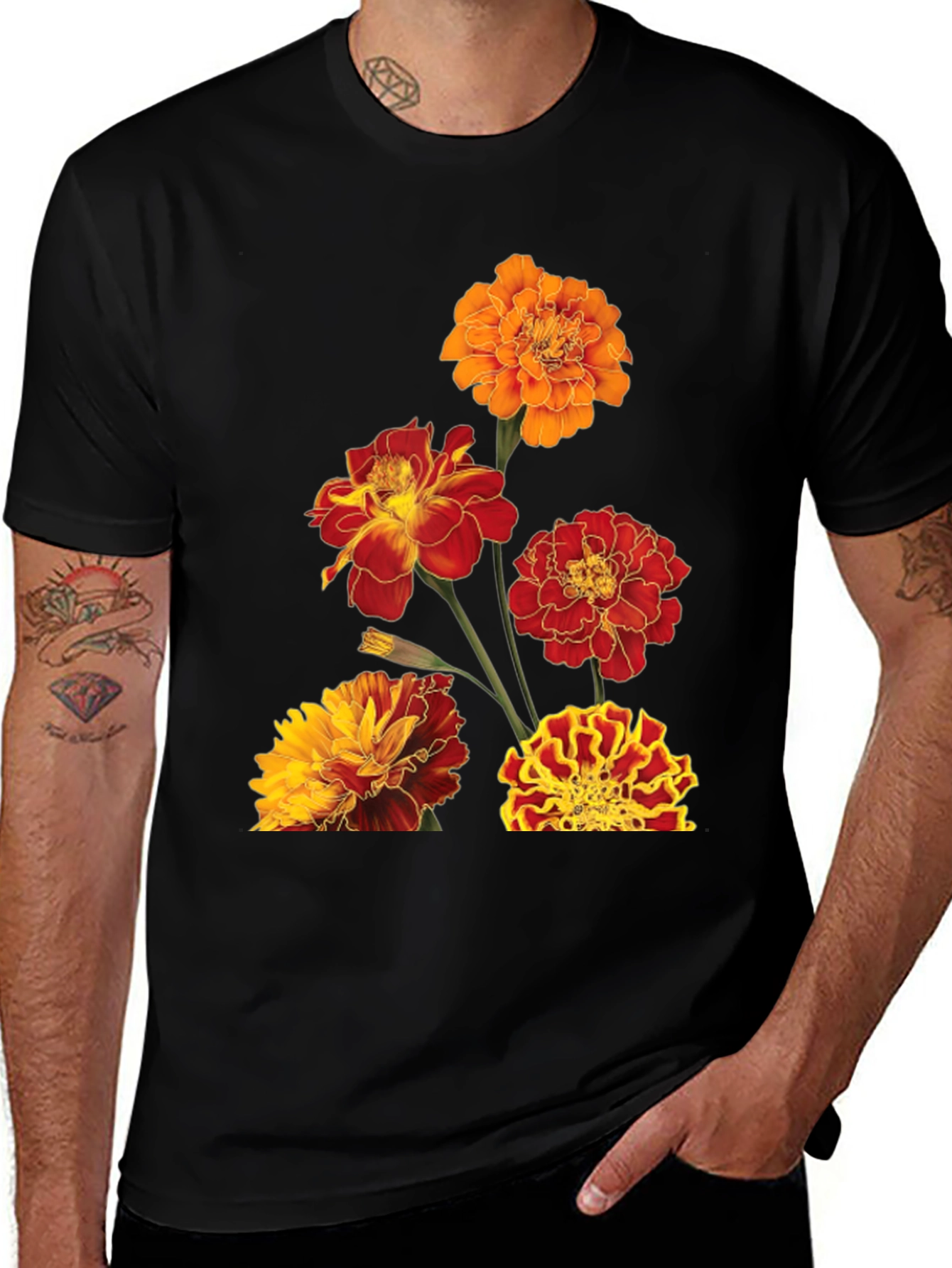 Variant 9 of Floral Print Tee - Vibrant Marigold Design