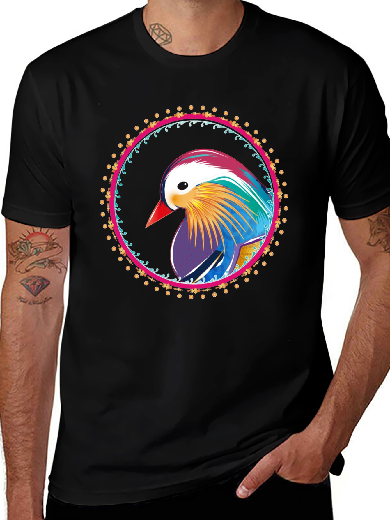 Variant 7 of Colorful Bird Mandala Graphic Tee - Black Cotton T-Shirt