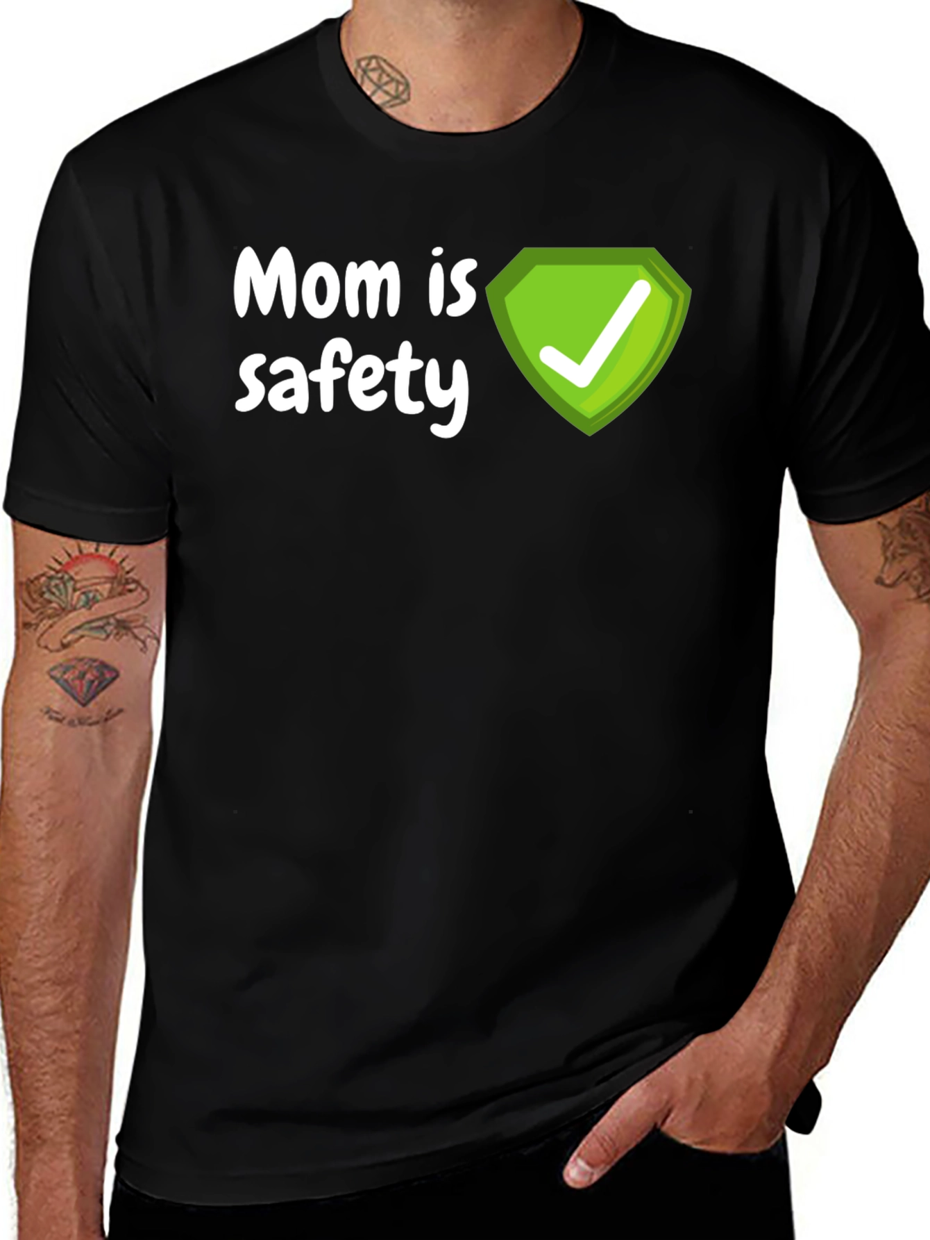 Variant 19 of Mom is Safety T-Shirt, Green Shield Graphic, Mens Black Tee
