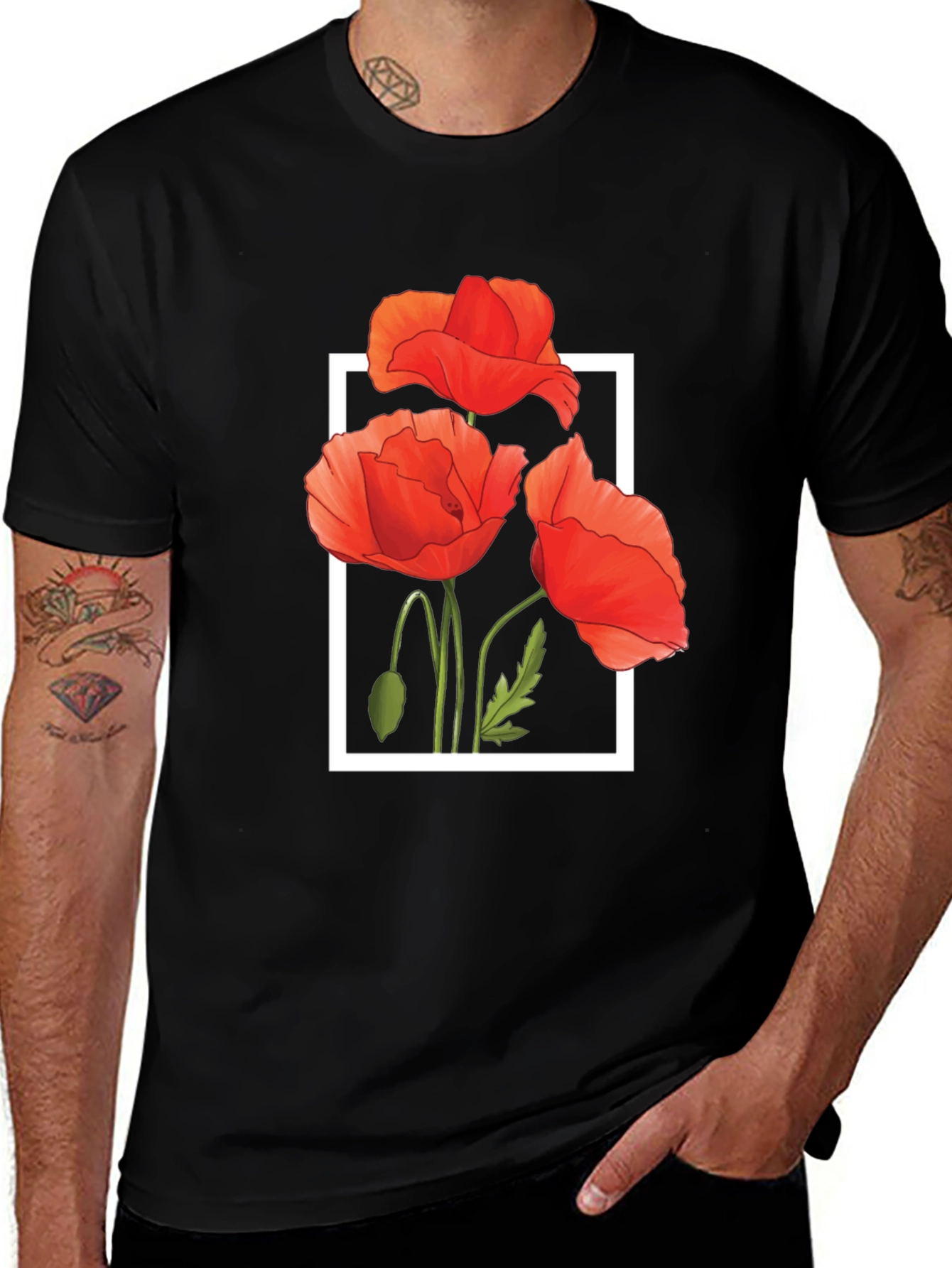 Variant 15 of Black T-Shirt with Poppy Flower Design