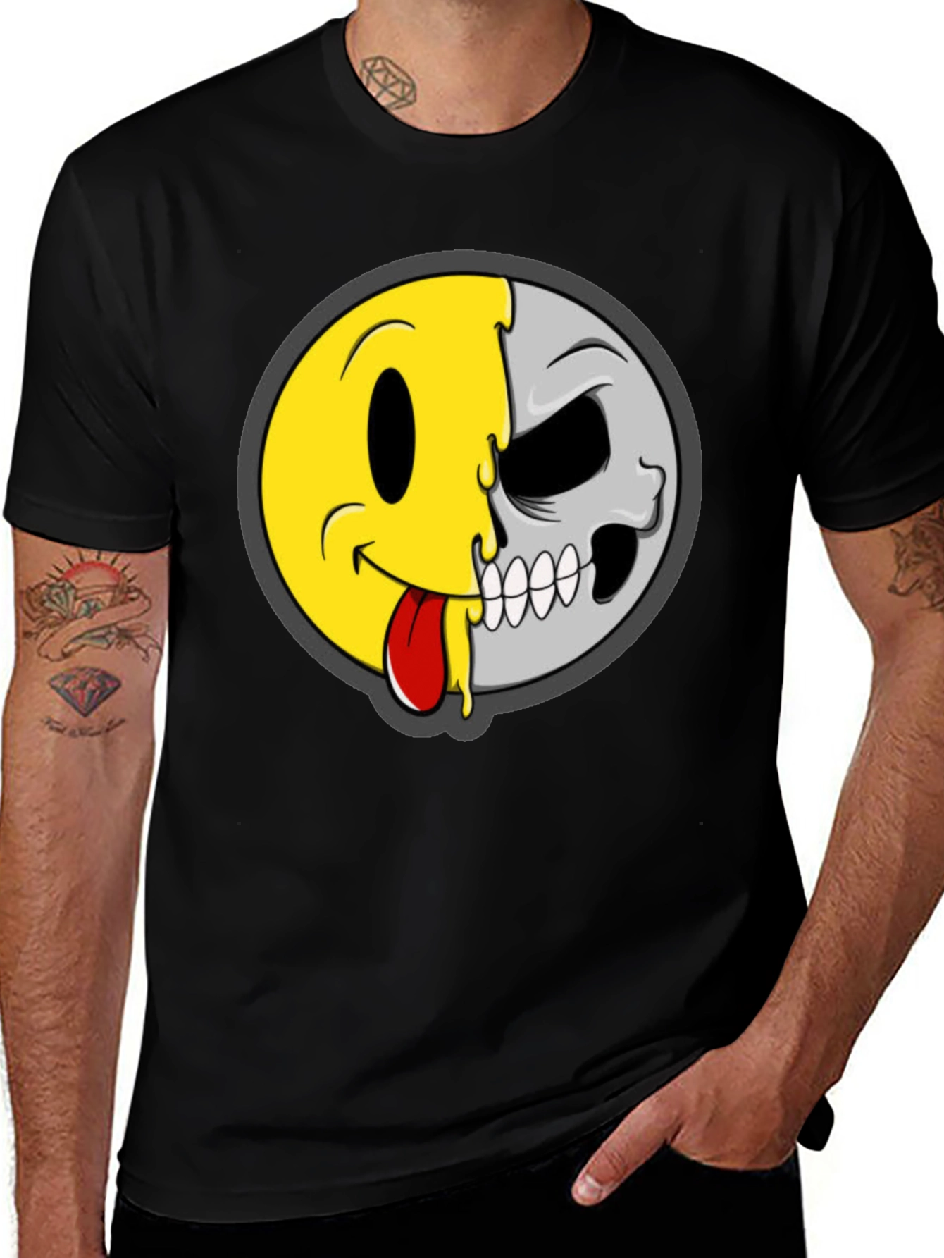 Variant 10 of Smiley Face/Skull Graphic Tee - Black Cotton Shirt