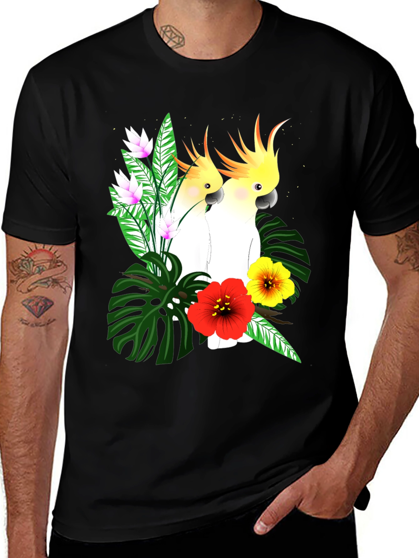 Variant 7 of Tropical Cockatoo Graphic Tee - Black Cotton T-Shirt