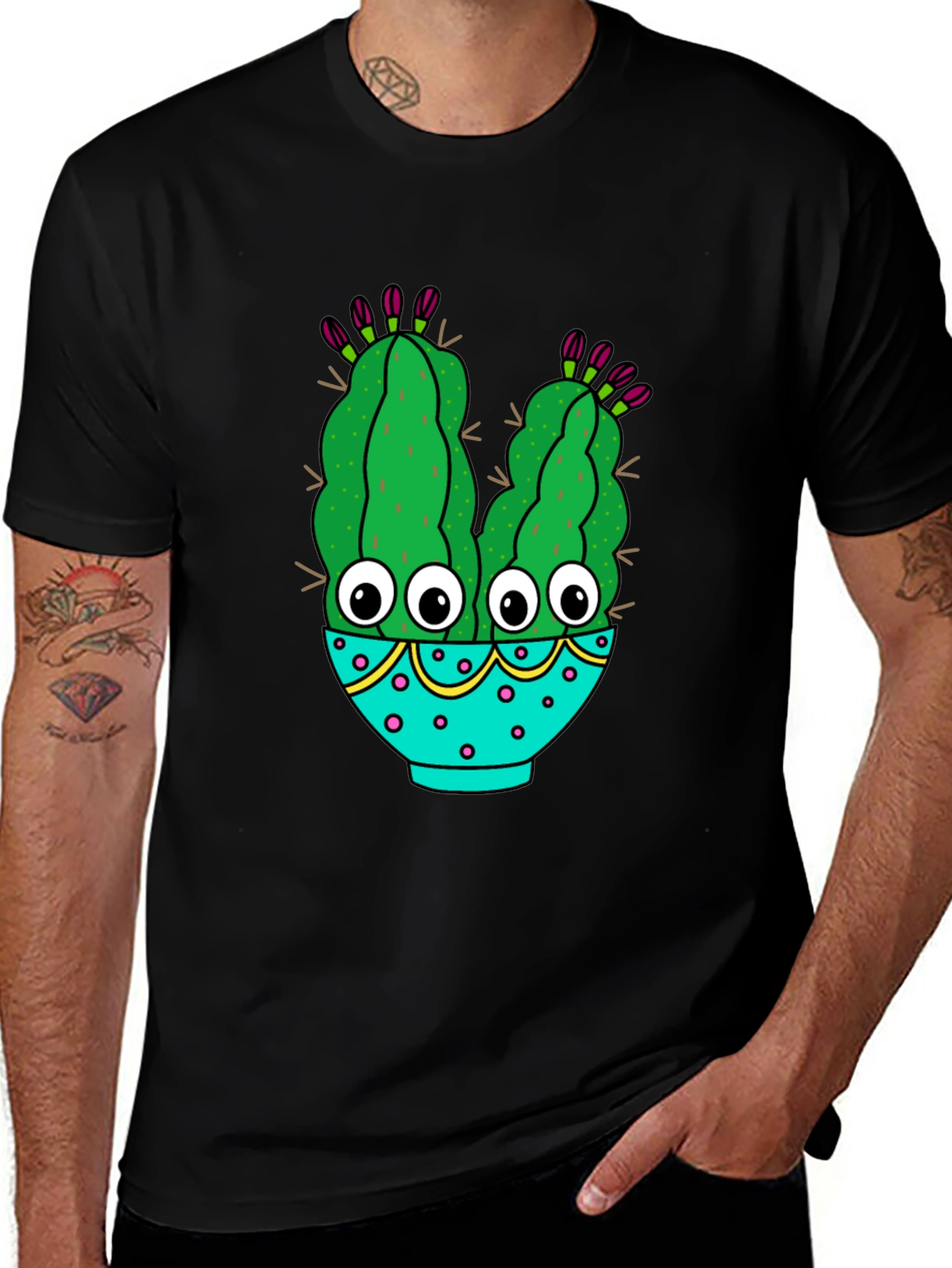 Variant 21 of Funny Cactus Graphic T-Shirt - Black Cotton Blend