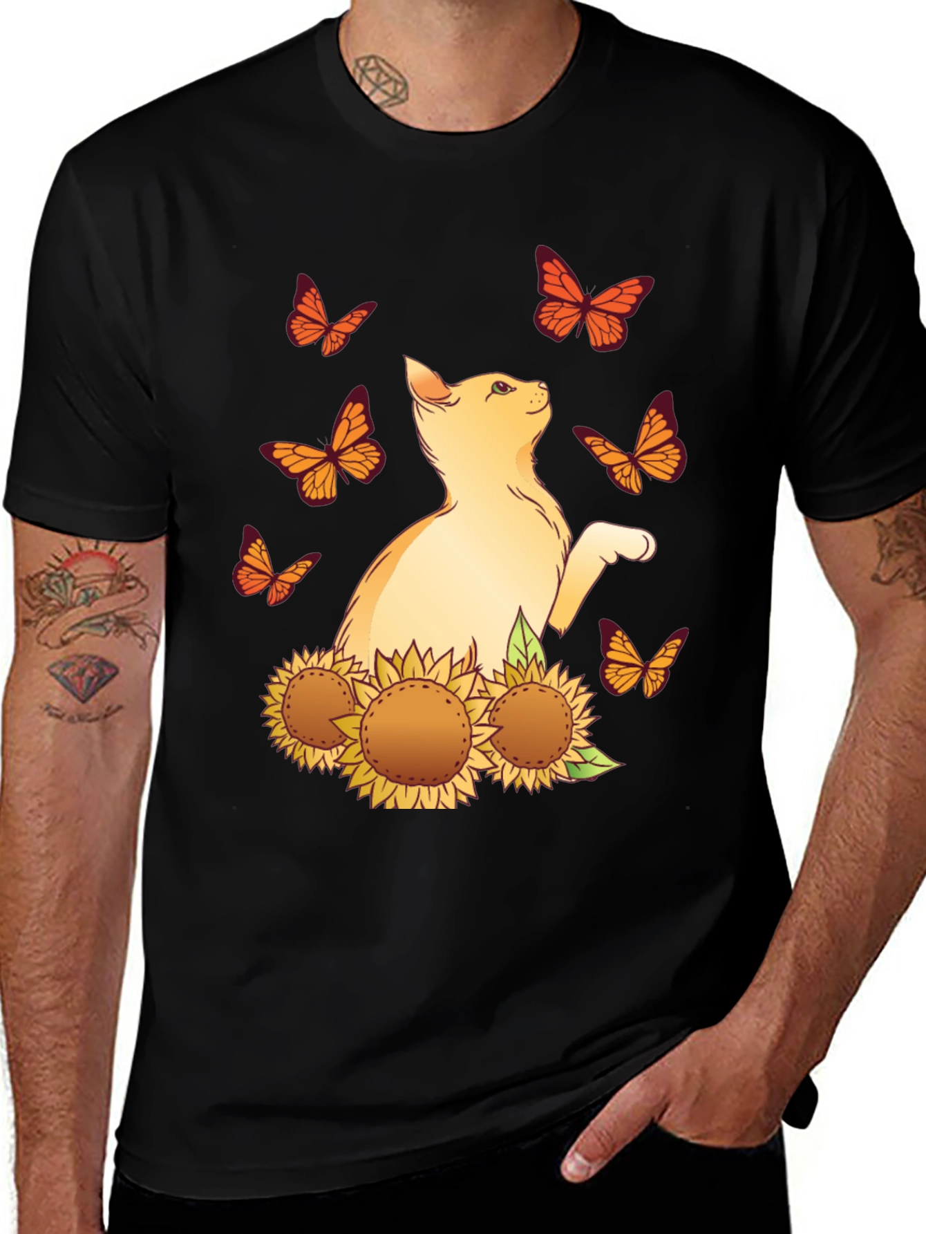 Variant 6 of Cat & Sunflower Graphic Tee - Black