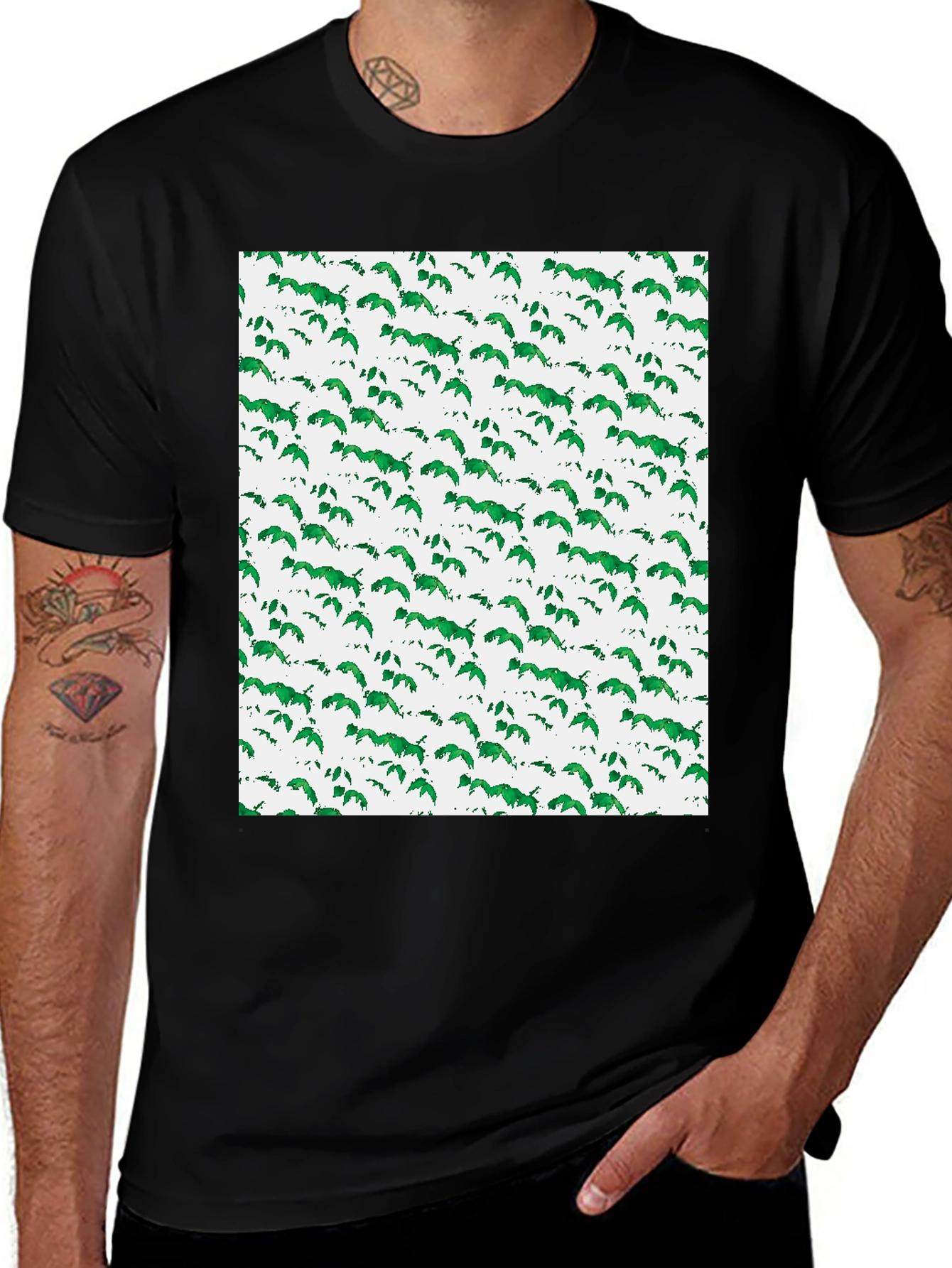 Variant 17 of Green Leaf Pattern Black T-Shirt