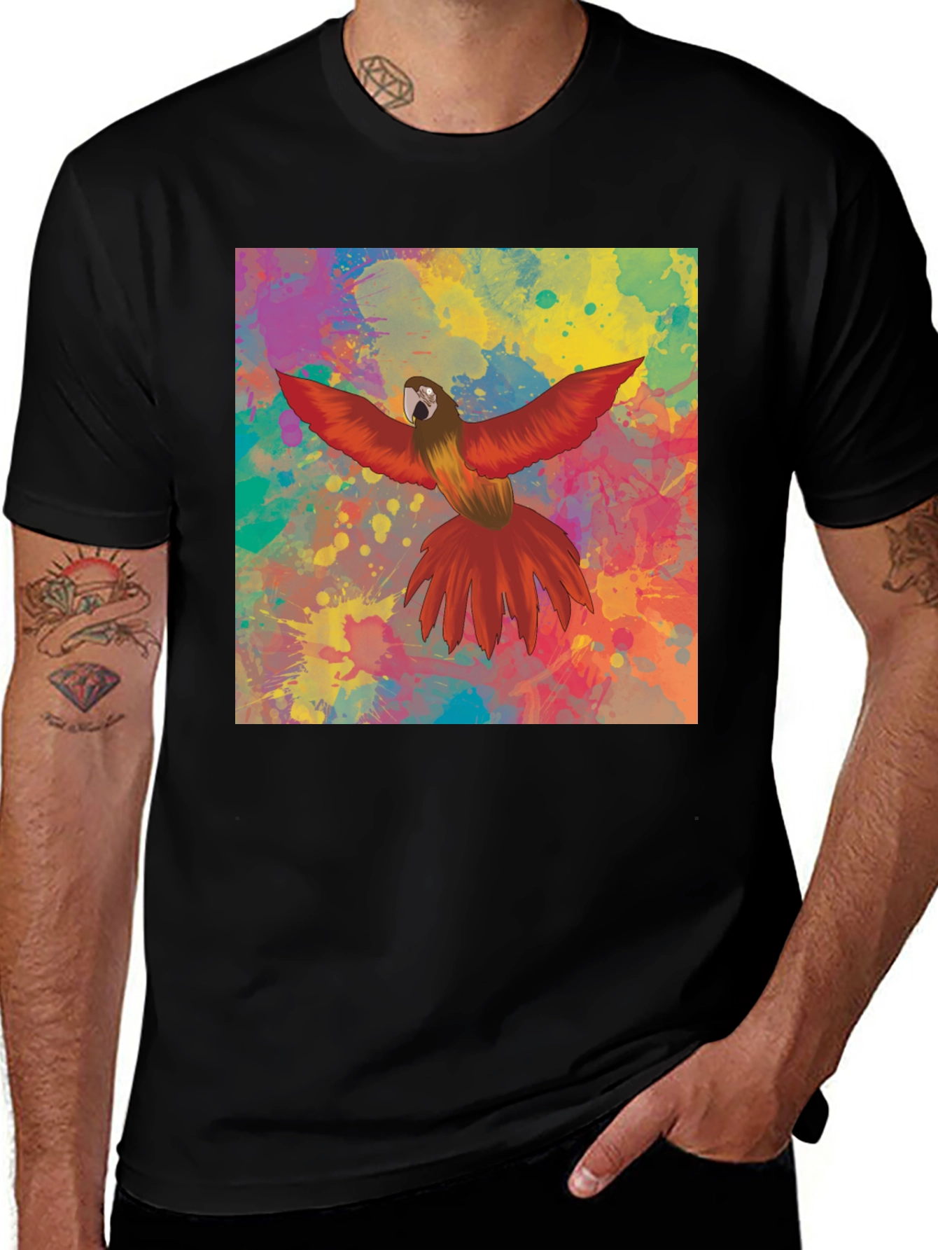 Variant 7 of Colorful Parrot Graphic Print Black T-Shirt