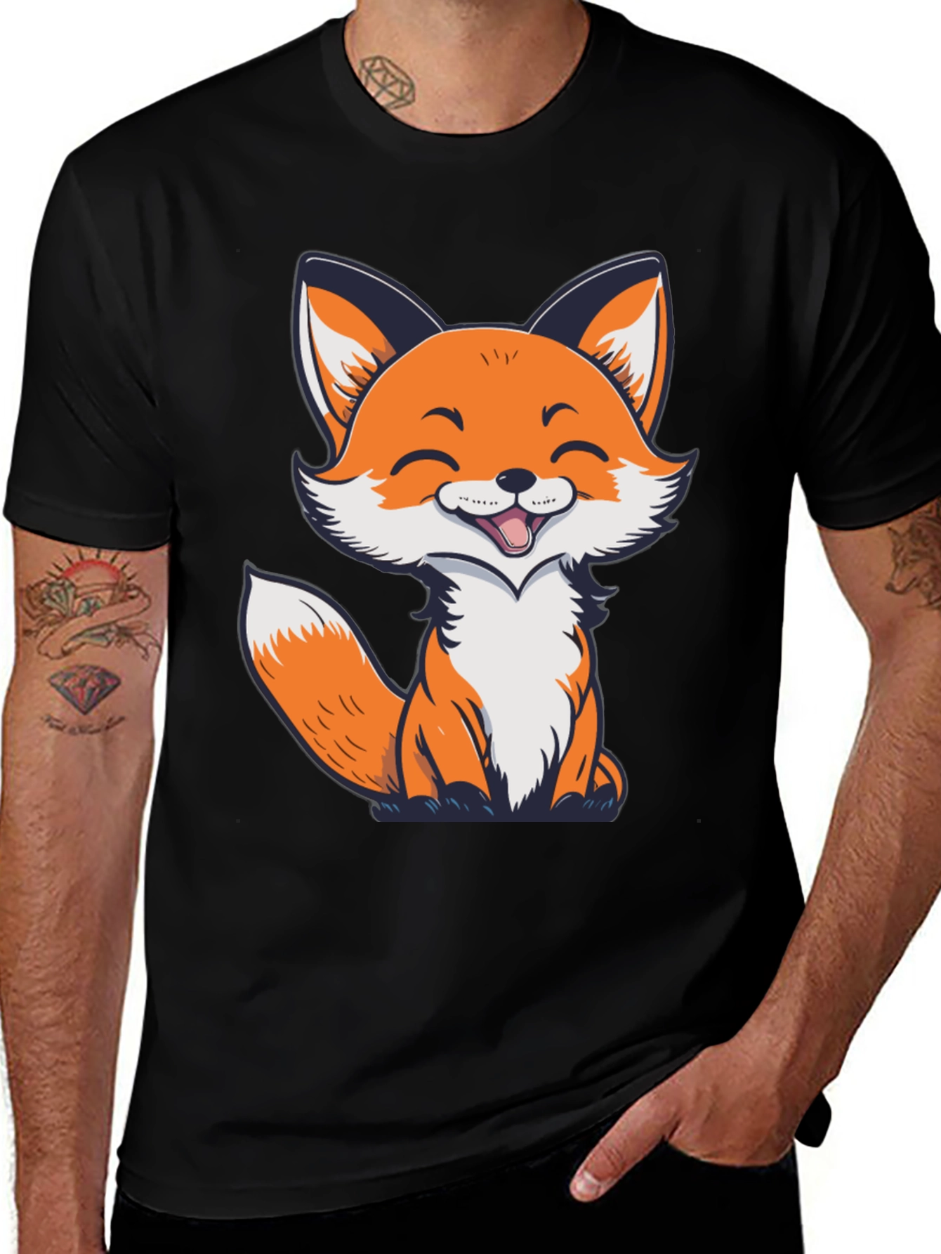Variant 26 of Cute Cartoon Fox Graphic T-Shirt - Black