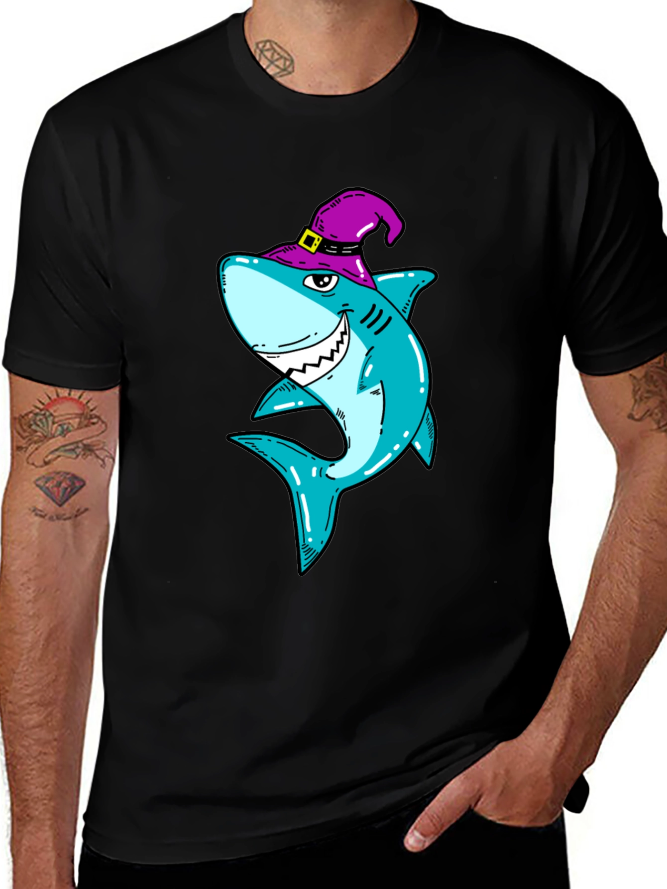 Spooky Shark Halloween T-Shirt - Purple Witch Hat
