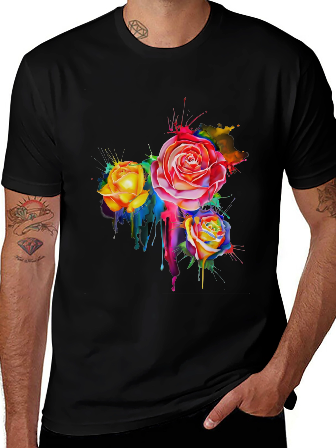 Variant 25 of Watercolor Roses Graphic Black T-Shirt