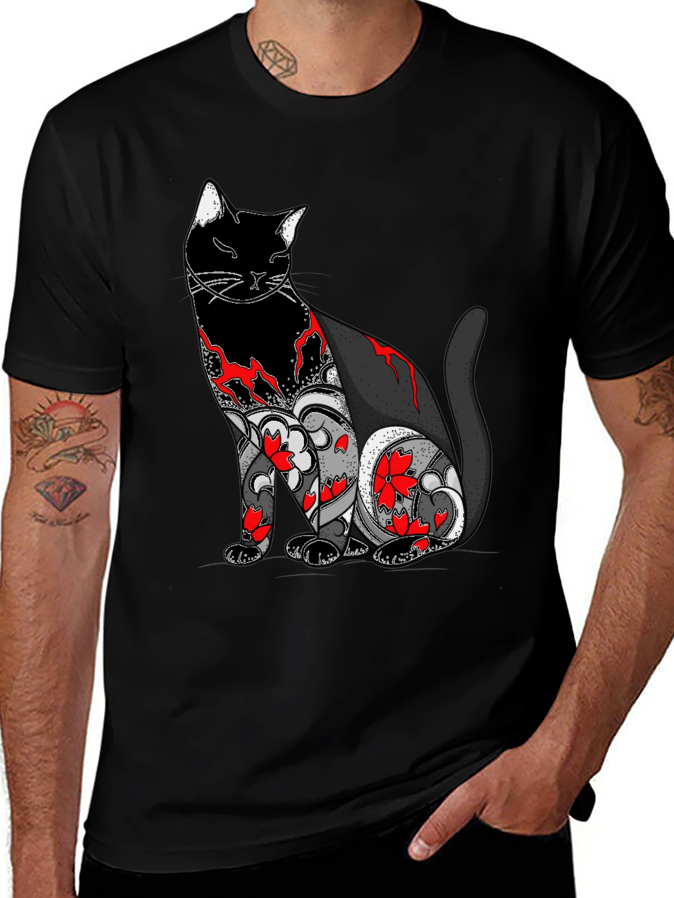 Variant 25 of Floral Cat Graphic Tee - Black Cotton Comfort