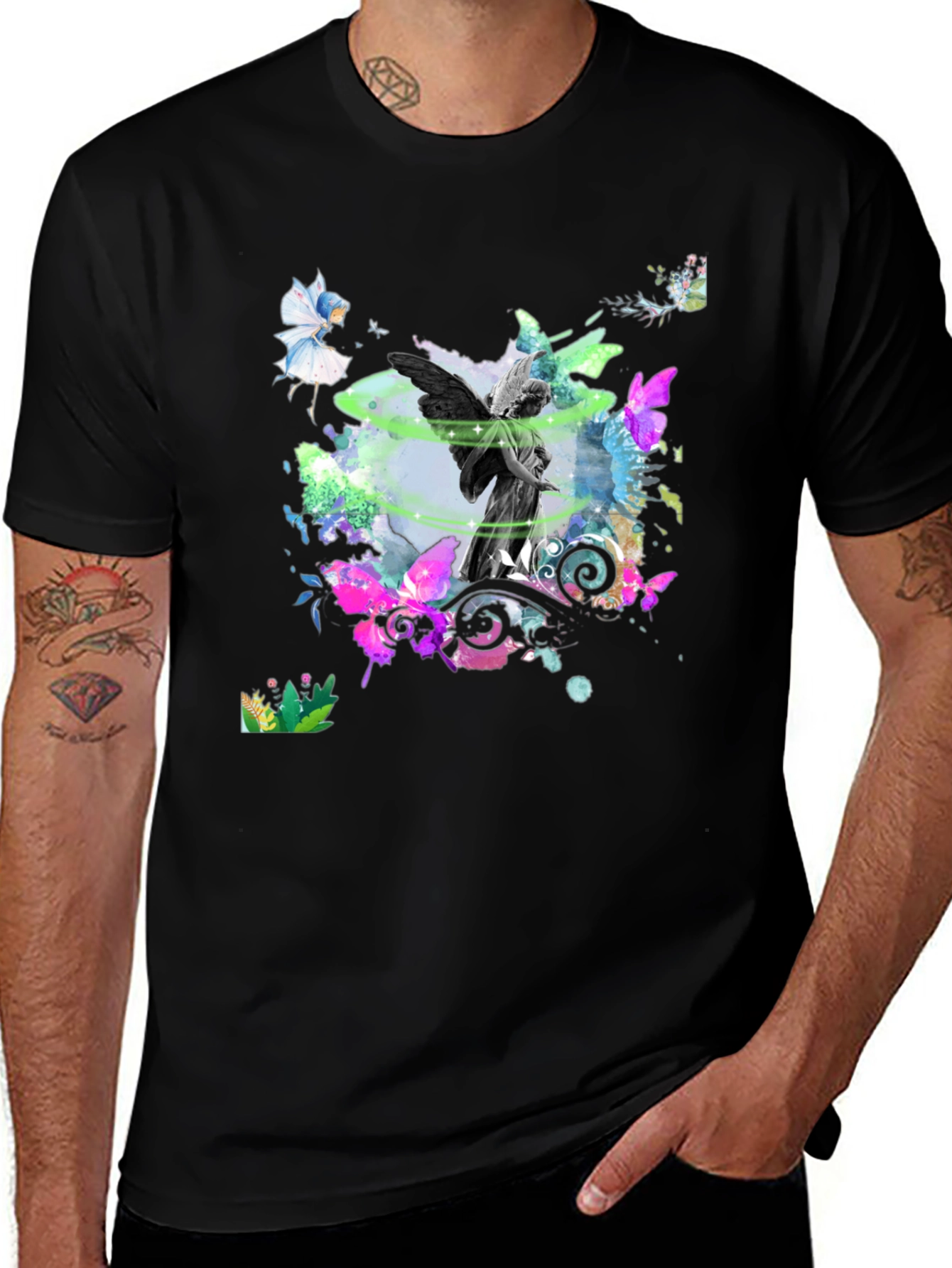 Mystical Angel Butterfly Graphic Tee - Black Cotton