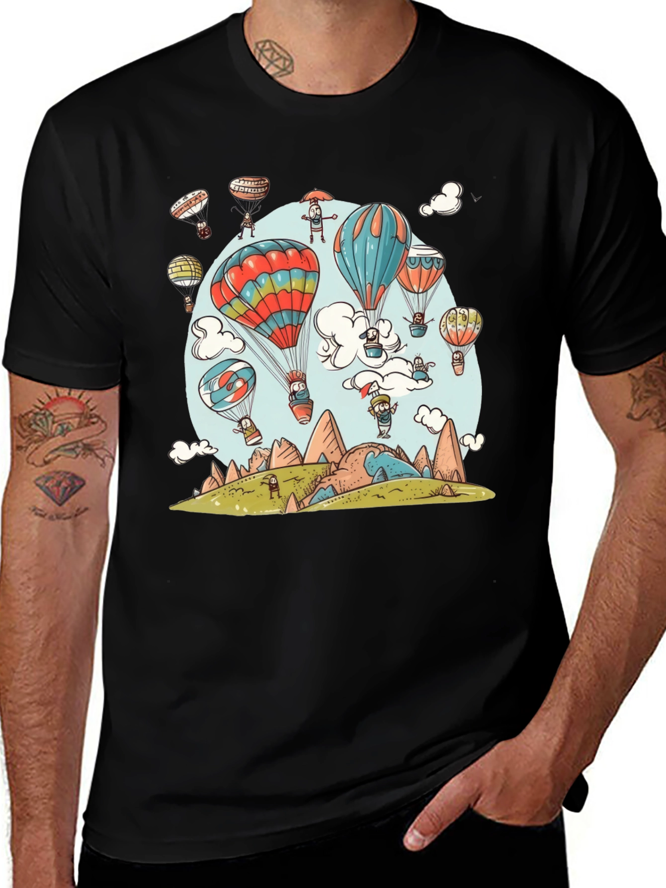 Variant 17 of Cartoon Hot Air Balloon Graphic Tee - Black