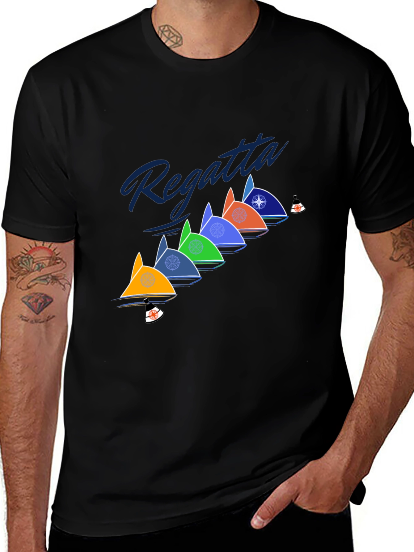 Variant 26 of Regatta Sailboat T-Shirt - Black, Crew Neck, Colorful Graphic Tee