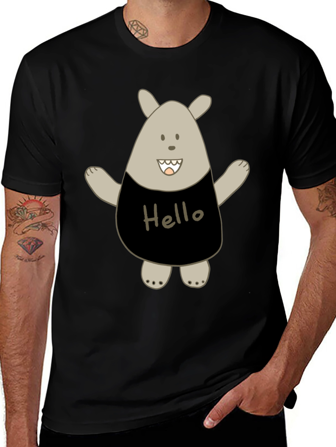 Variant 4 of Cute Cartoon Bear 'Hello' Black T-Shirt
