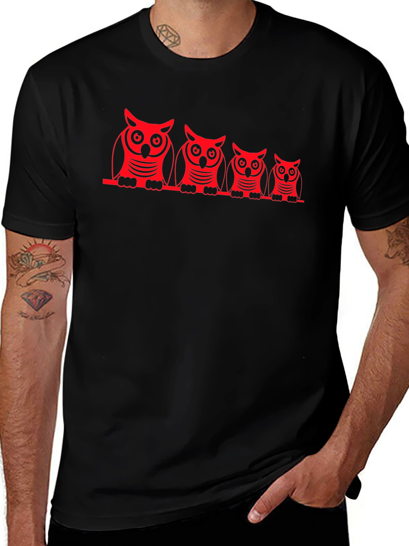 Variant 22 of Owl Family Graphic Tee - Black Crew Neck Shirt