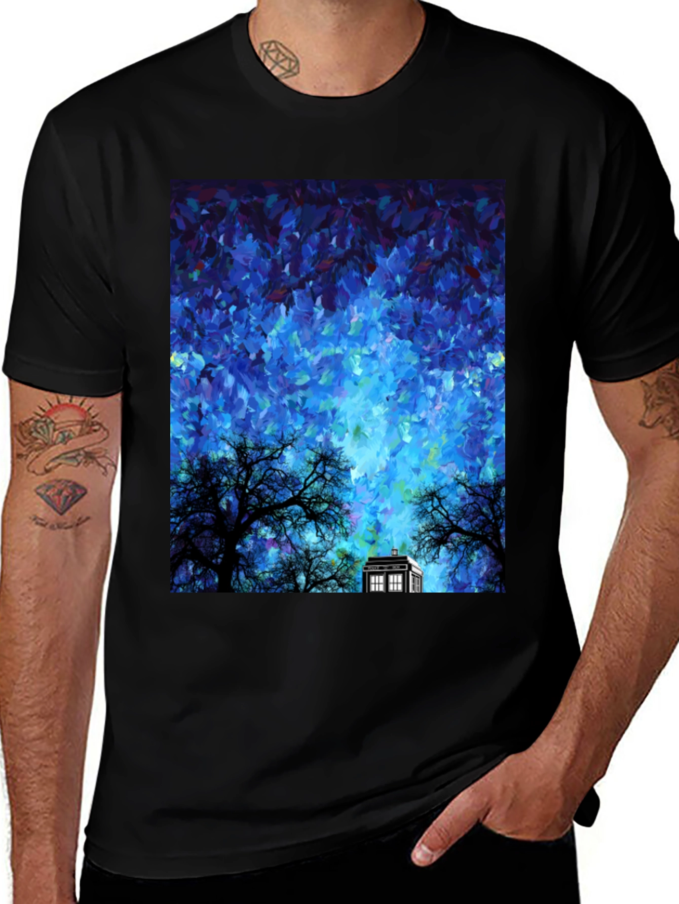 Artistic Tardis Graphic Tee - Black Cotton
