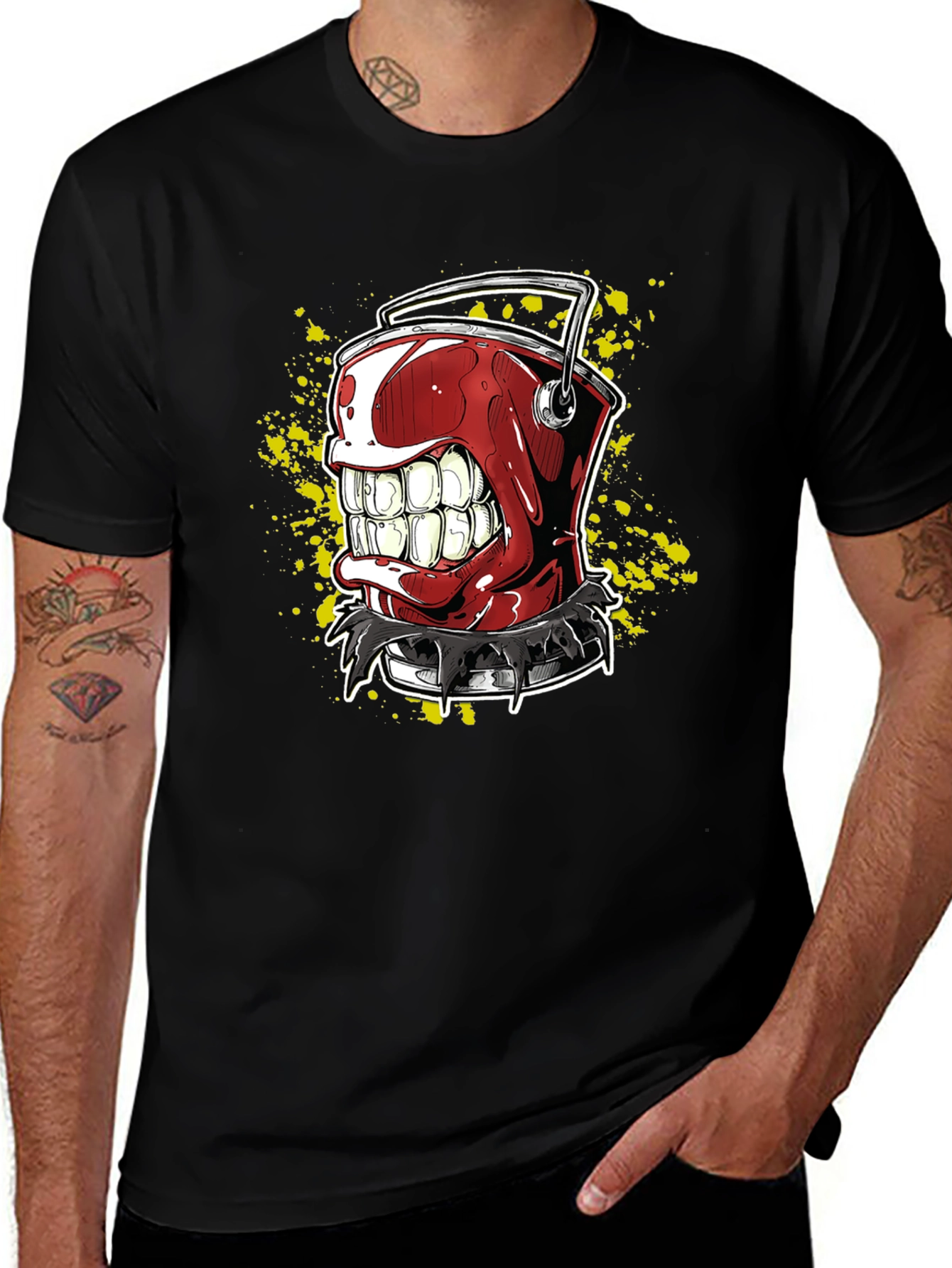 Variant 13 of Men's Black T-Shirt with Red Grinning Paint Bucket Graphic