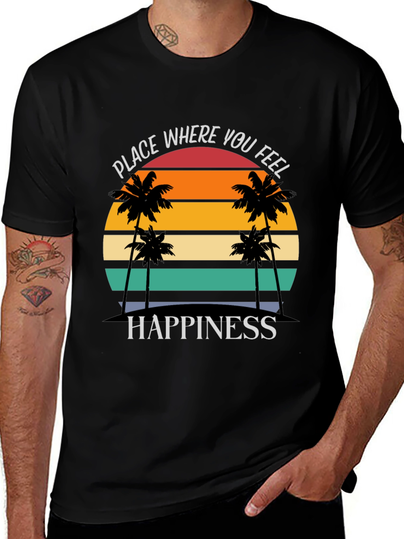 Black Tropical Sunset Happiness Graphic Tee main image