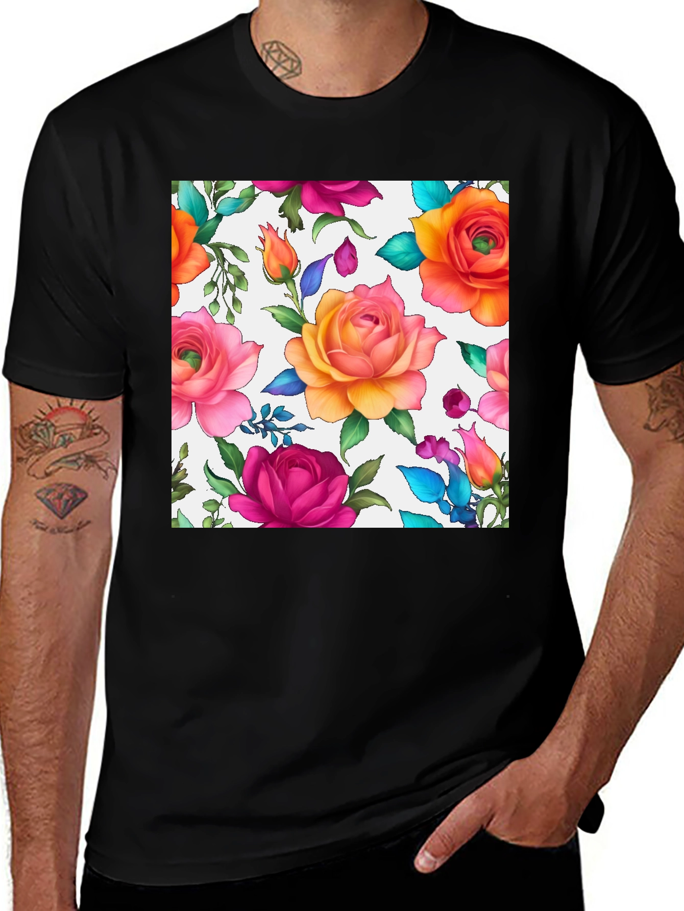 Variant 13 of Floral Rose Print Black T-Shirt
