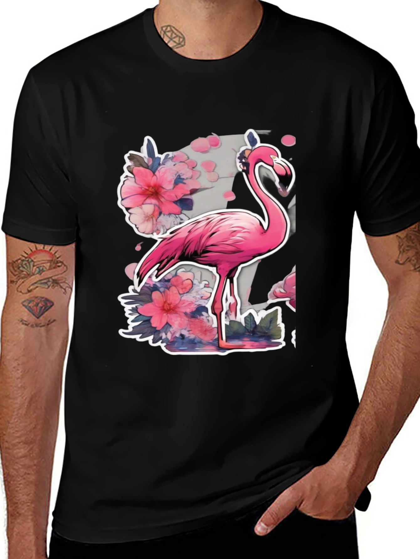 Variant 7 of Stylish Flamingo Floral Graphic Tee - Black