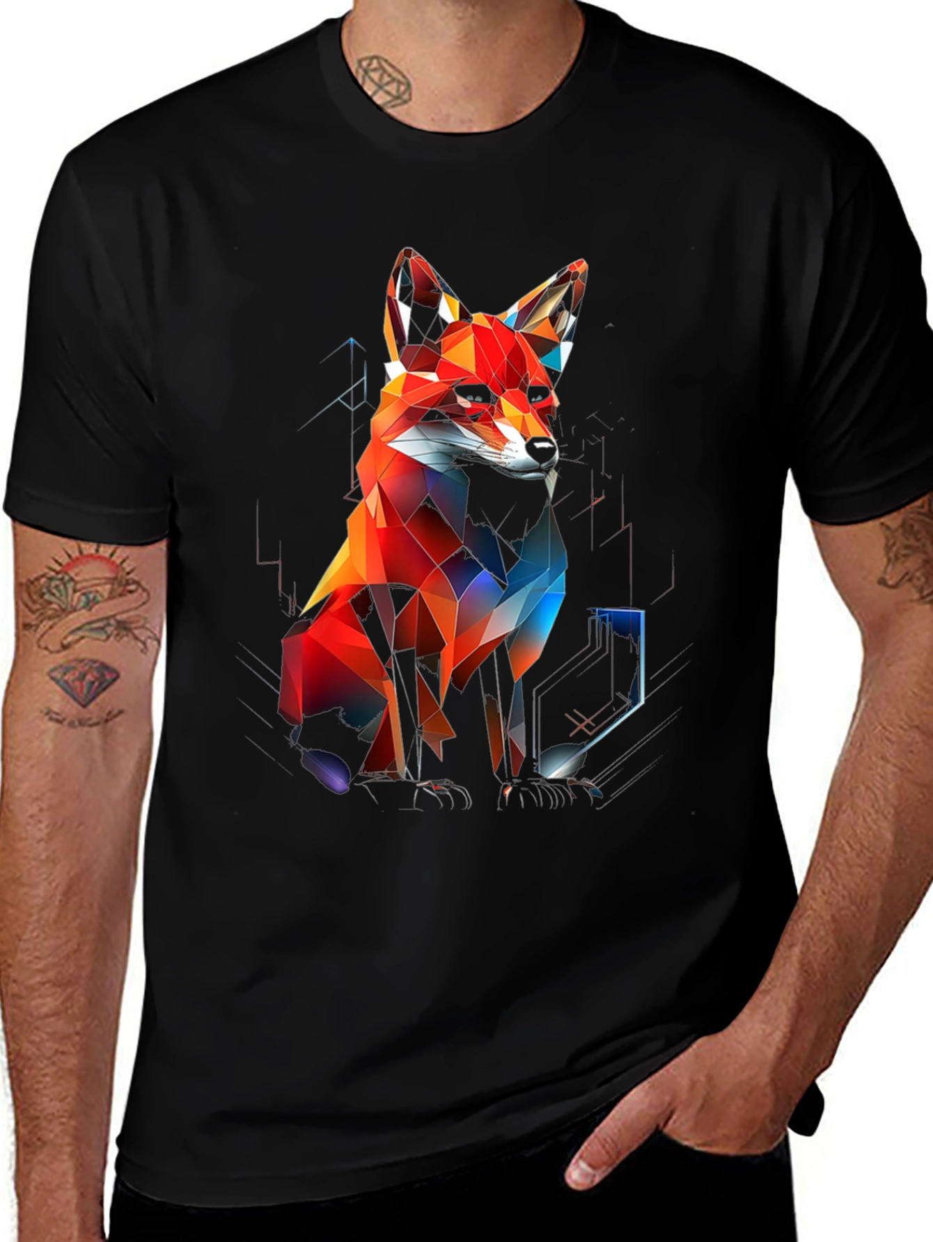 Variant 30 of Geometric Fox Graphic Black T-Shirt