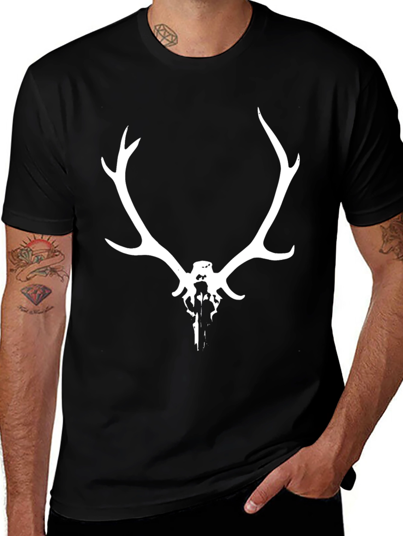 Variant 10 of Antler Skull Graphic Tee - Black Cotton Blend
