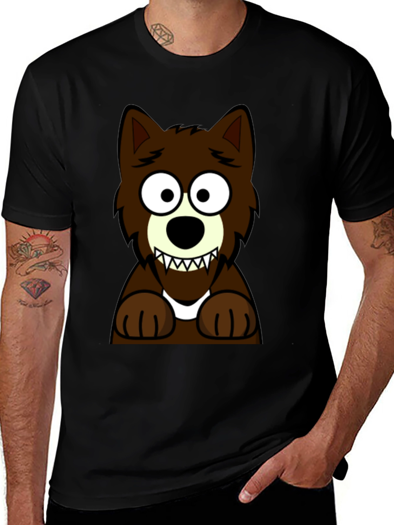 Variant 8 of Cartoon Wolf Graphic Tee -  Black Cotton T-Shirt