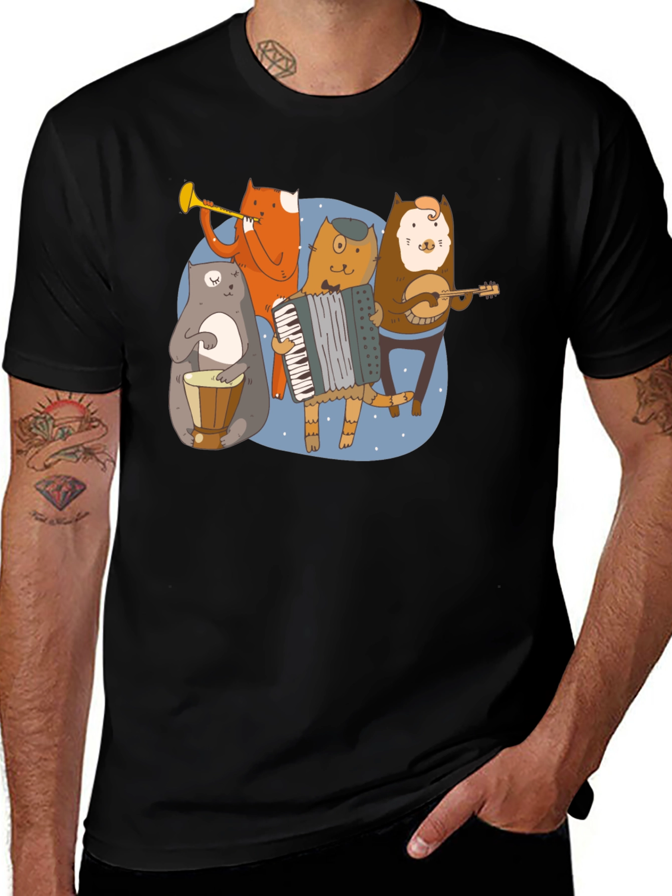 Variant 25 of Musical Cats Graphic T-Shirt - Black Cotton Tee