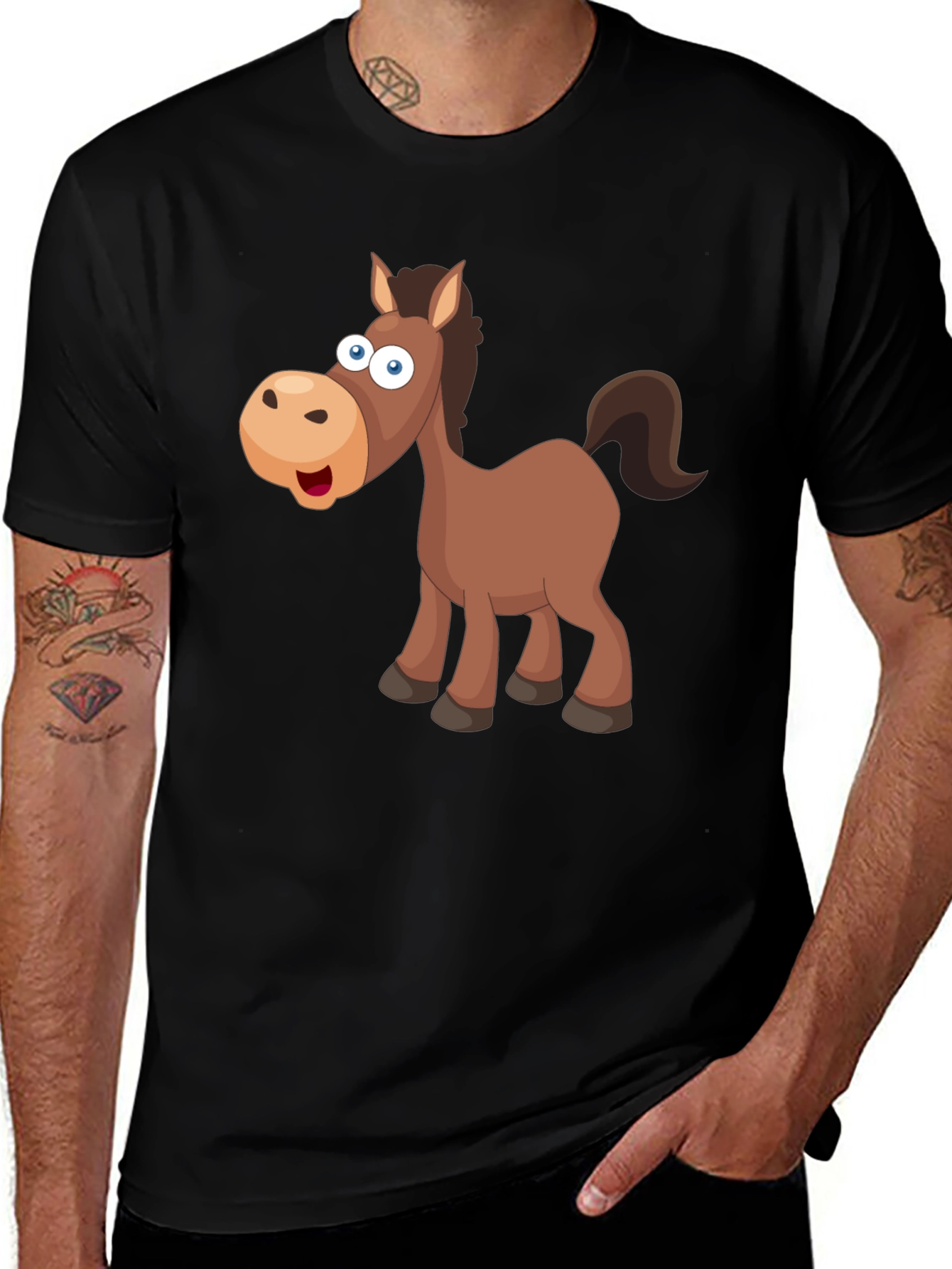 Variant 7 of Cartoon Horse Graphic Black Tee
