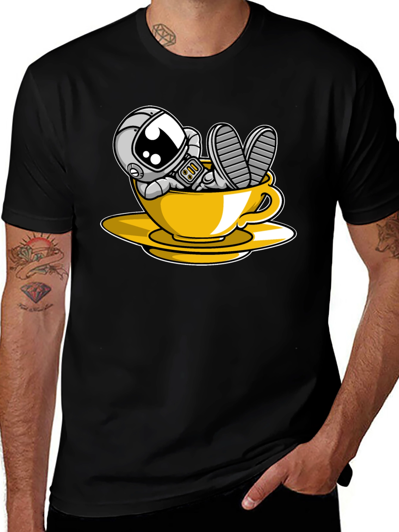 Astronaut in Teacup Graphic Black T-Shirt