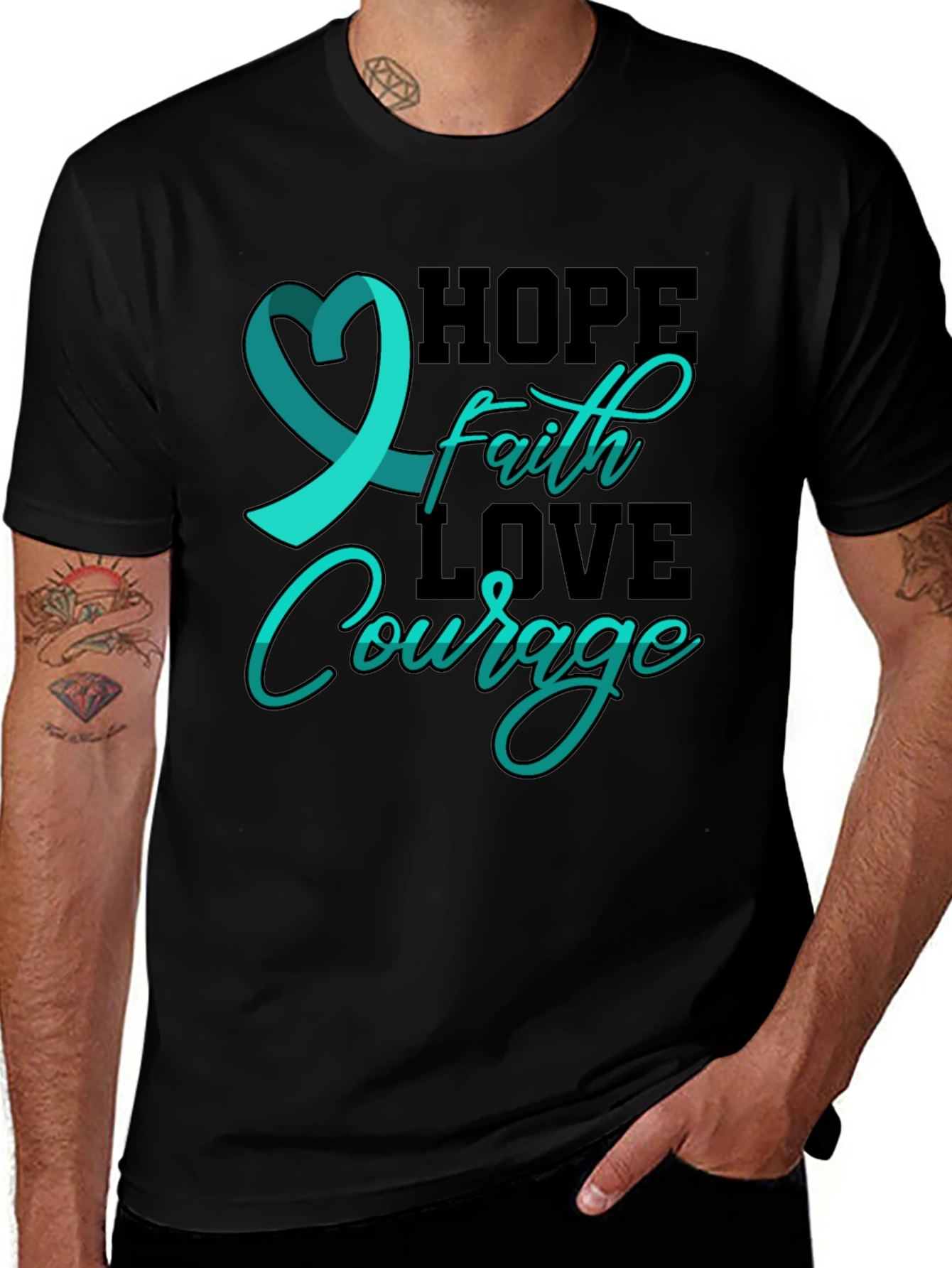 Variant 20 of Hope Faith Love Courage T-Shirt Teal Ribbon Design
