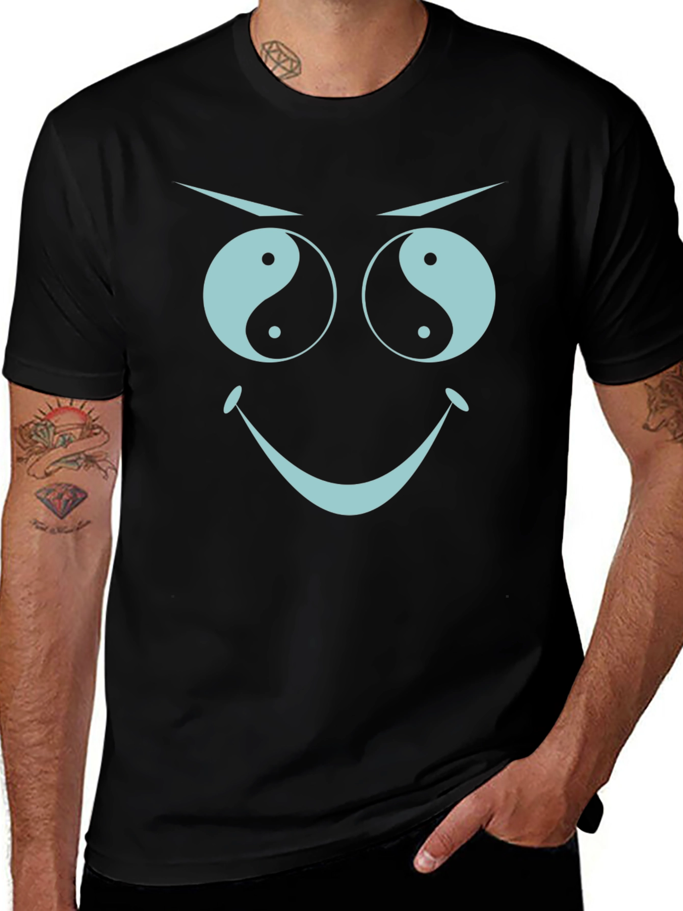 Black Yin Yang Eyes Graphic Tee - Funny Face Black T-Shirt main image