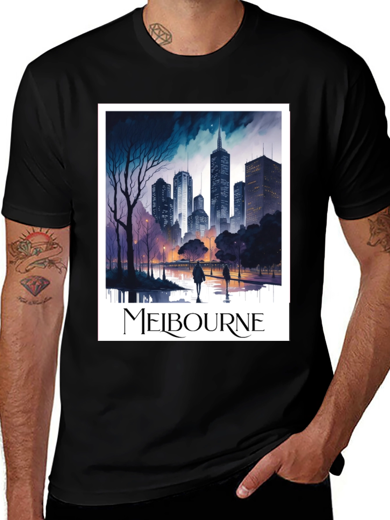 Melbourne Cityscape Graphic Black T-Shirt