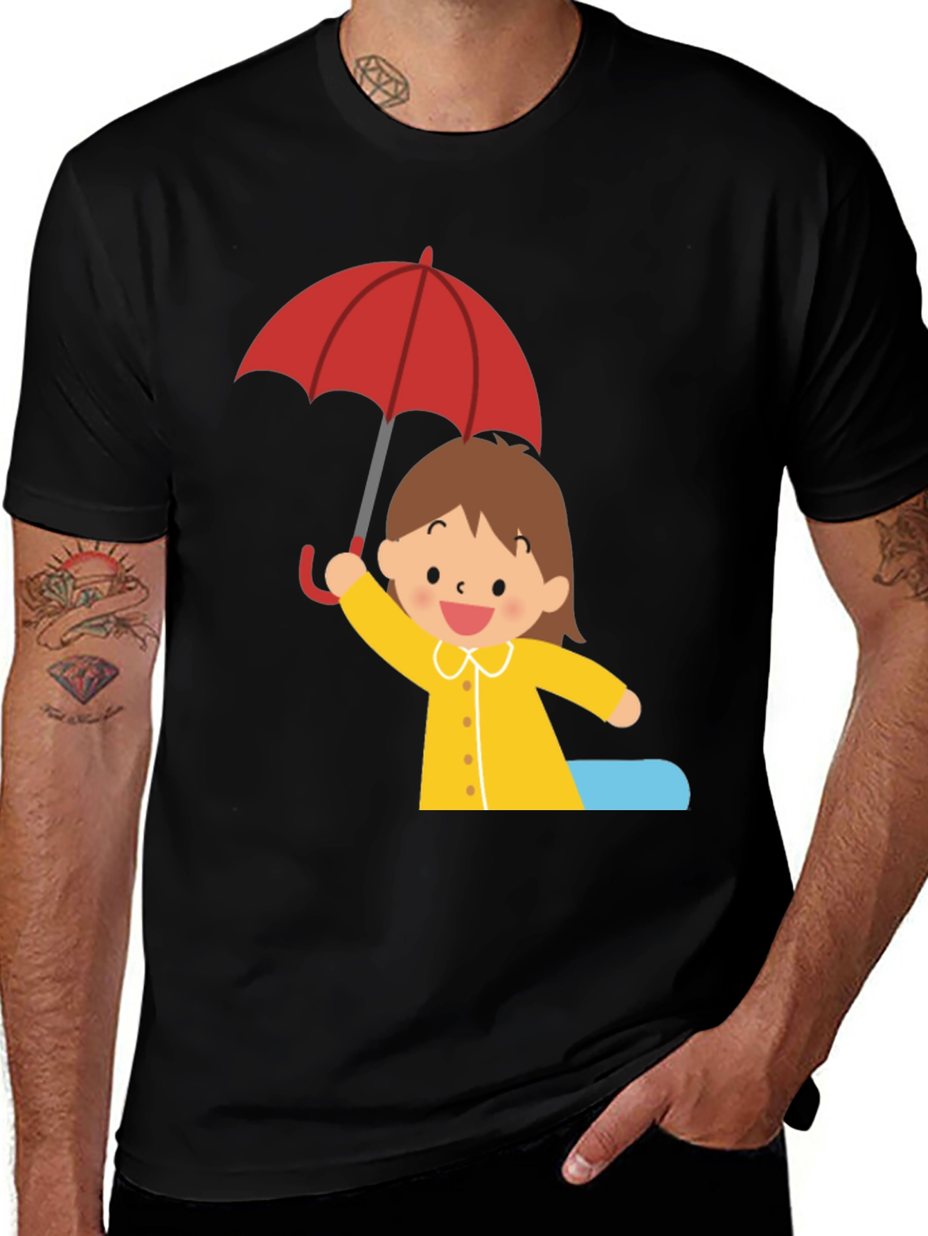Variant 14 of Girl with Umbrella Graphic Tee - Black Cotton T-Shirt