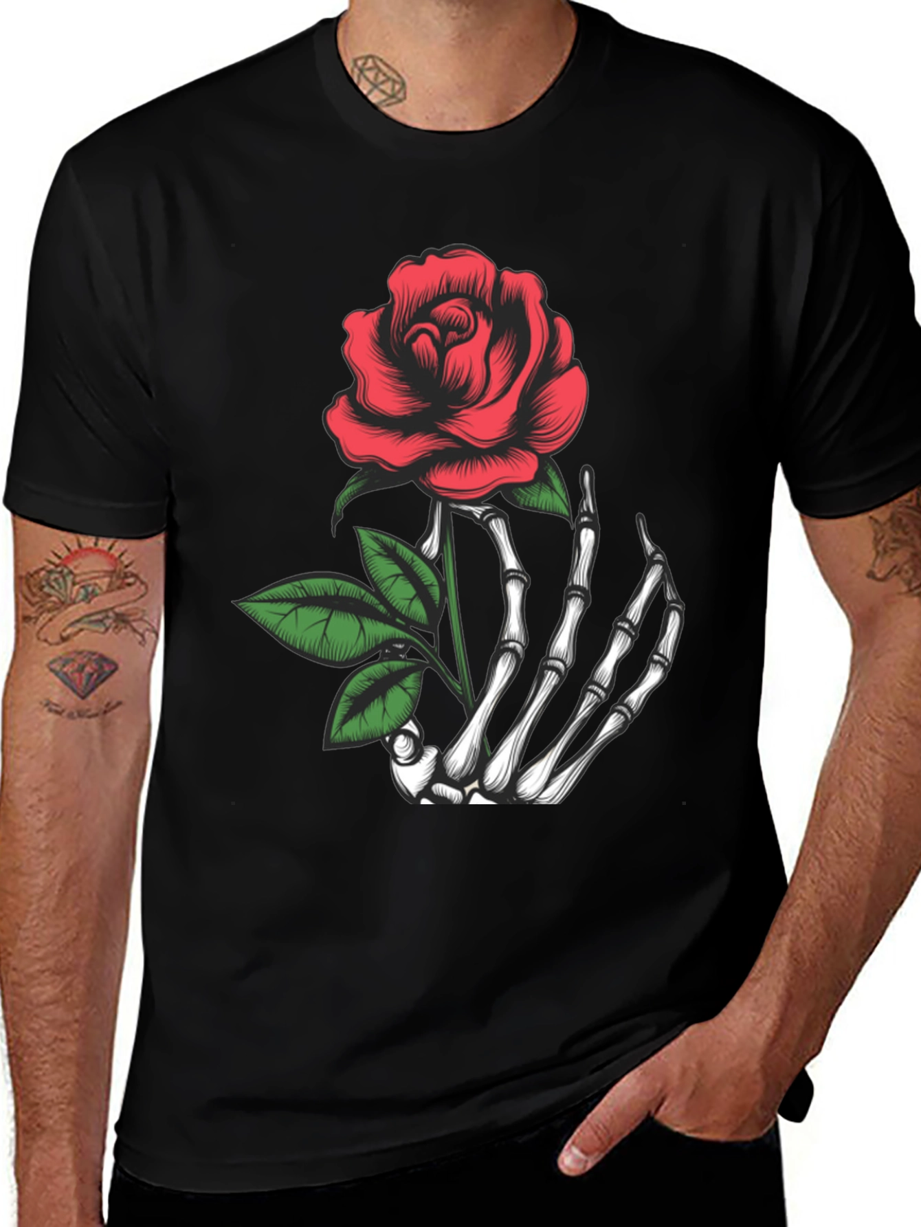 Variant 19 of Rose and Skeleton Hand Graphic Tee - Edgy Black T-Shirt