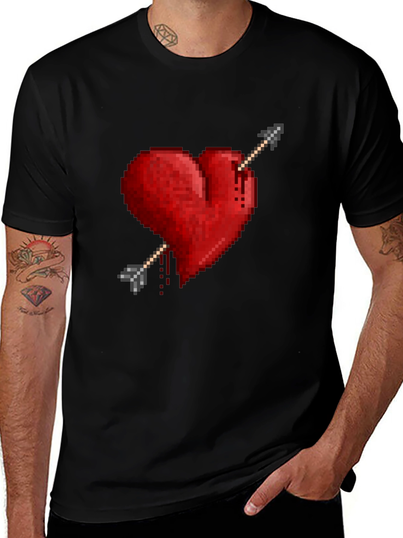 Variant 16 of Pixel Heart Arrow Graphic Tee - Black Cotton Casual Shirt